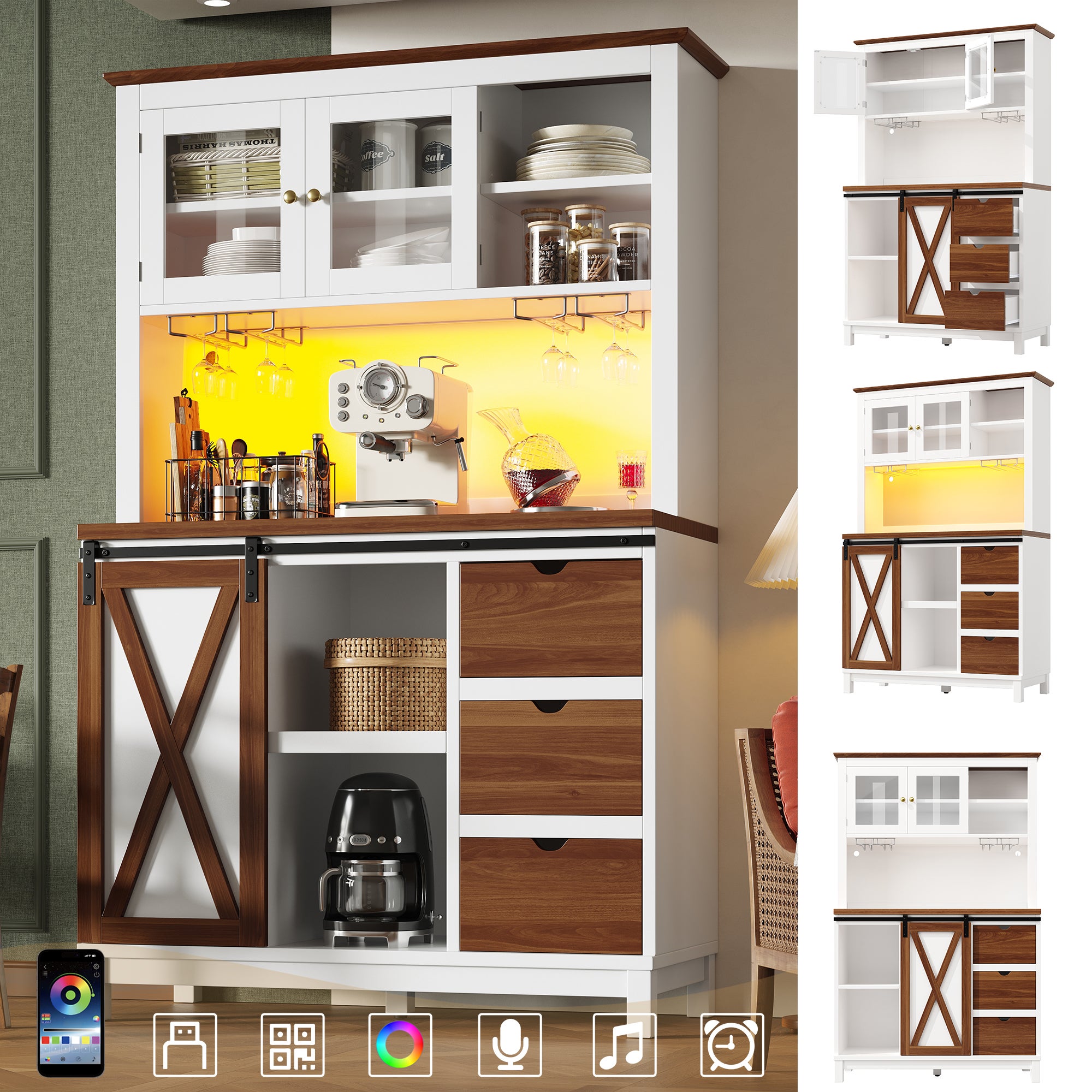 Inteligentny bufet kuchenny 104x180 cm z aplikacją LED – wysoka szafka z drzwiami przesuwnymi, styl stodoły, biały