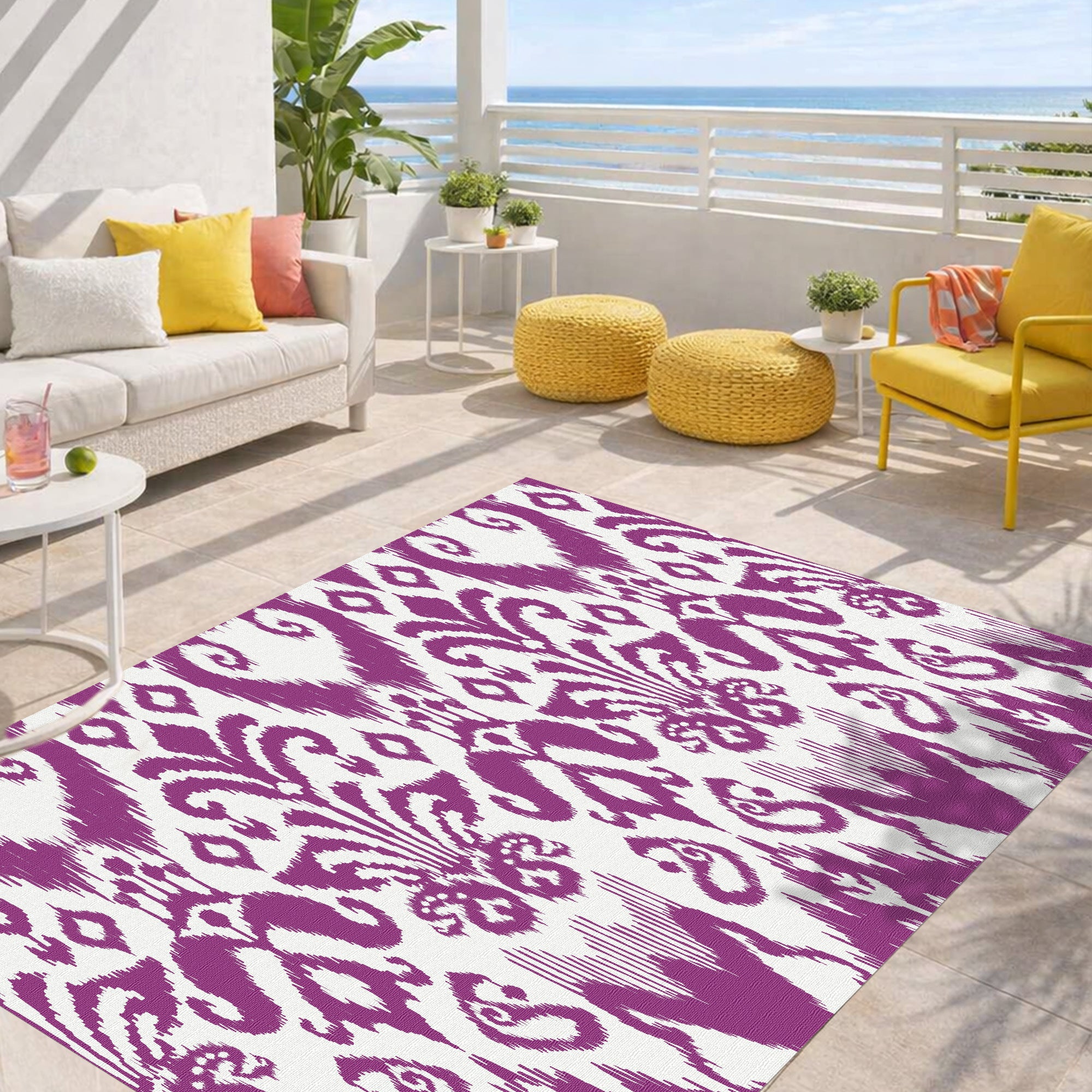 Dywan z PVC do wnętrz i na zewnątrz Mallorca buganvilla 160x240 cm - Winyl drukowany, antypoślizgowy, zmywalny, odporny — na taras i do domu.