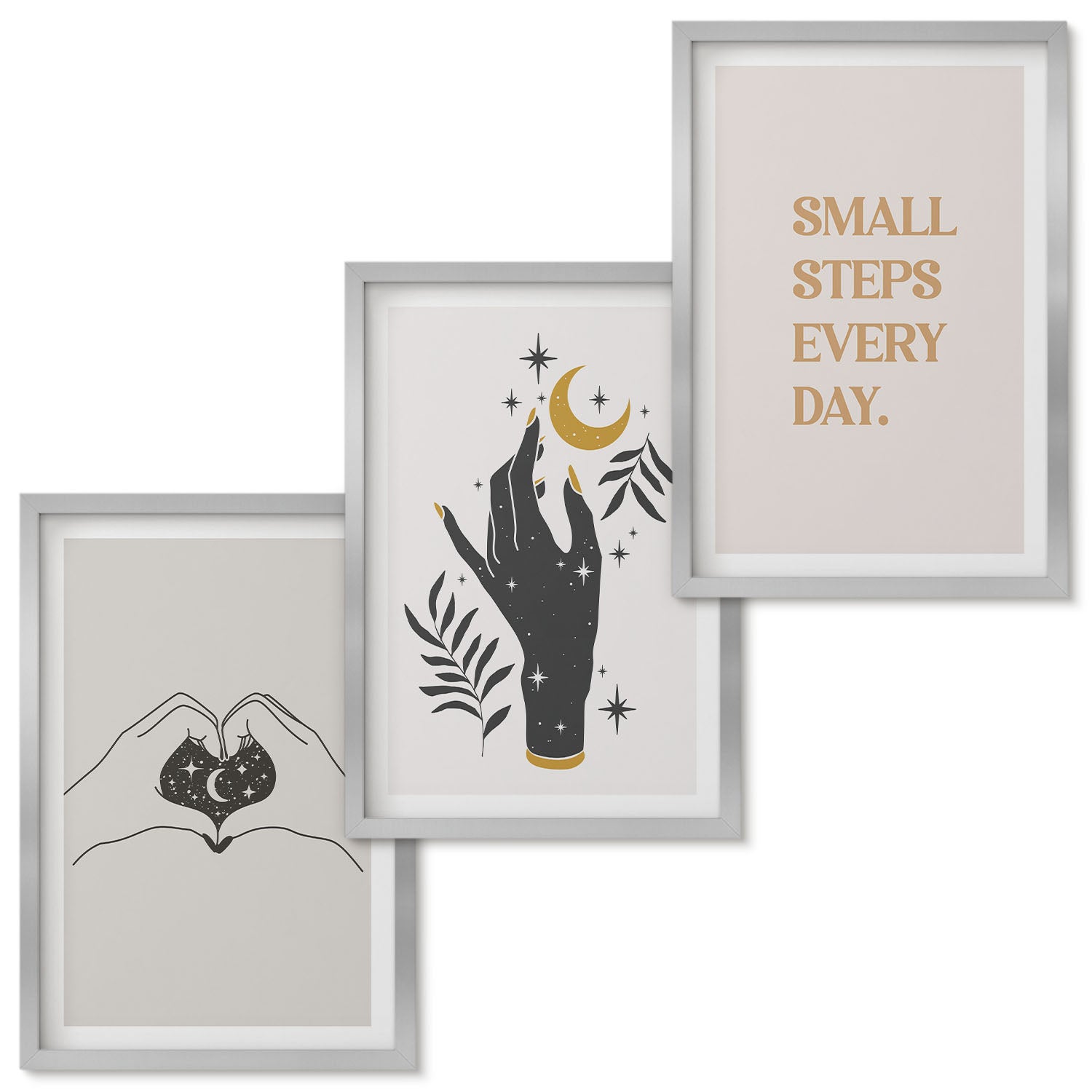Zestaw obrazów w ramie - 3 części | Minimalistyczne ilustracje inspirujący tekst boho | Srebrna ramka