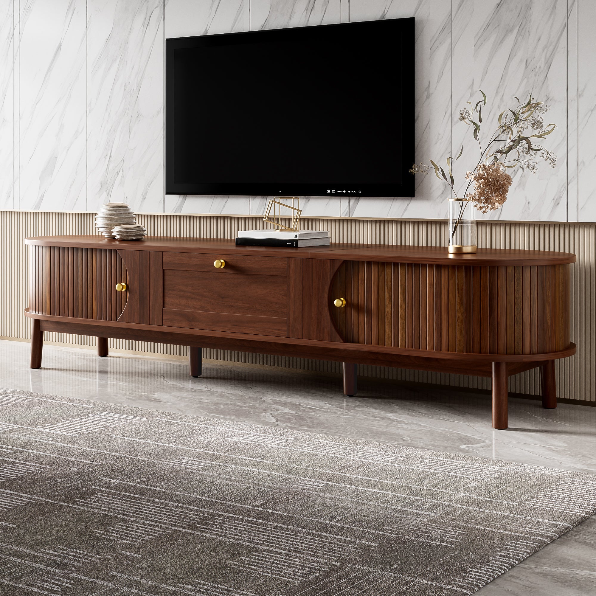 Meble TV 170x39,5x38 cm - z 1 szufladą i 2 drzwiami przesuwnymi - Wykończenie drewnopodobne - MDF - Brązowy