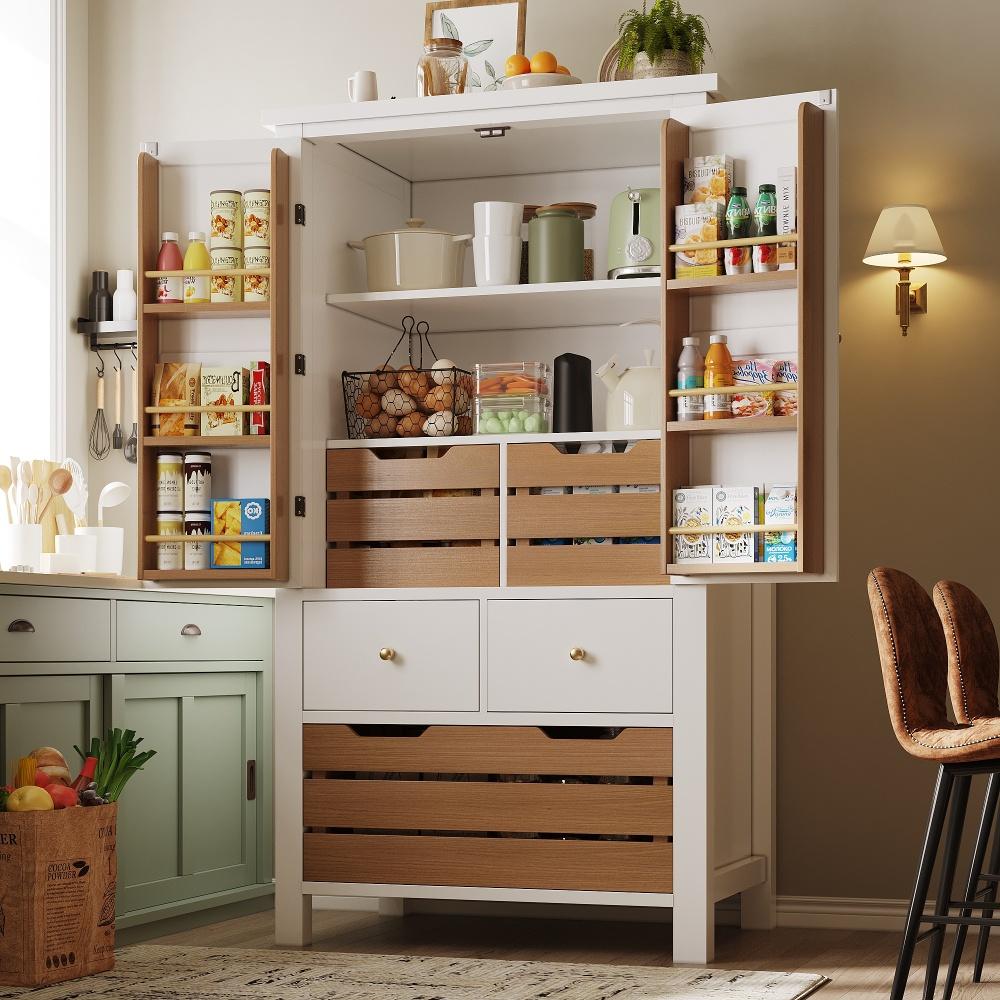 Wysoki kredens kuchenny 80x40x140 cm z 2 drzwiami i 5 szufladami, wielofunkcyjna przestrzeń do przechowywania, nowoczesny czarno-biały design