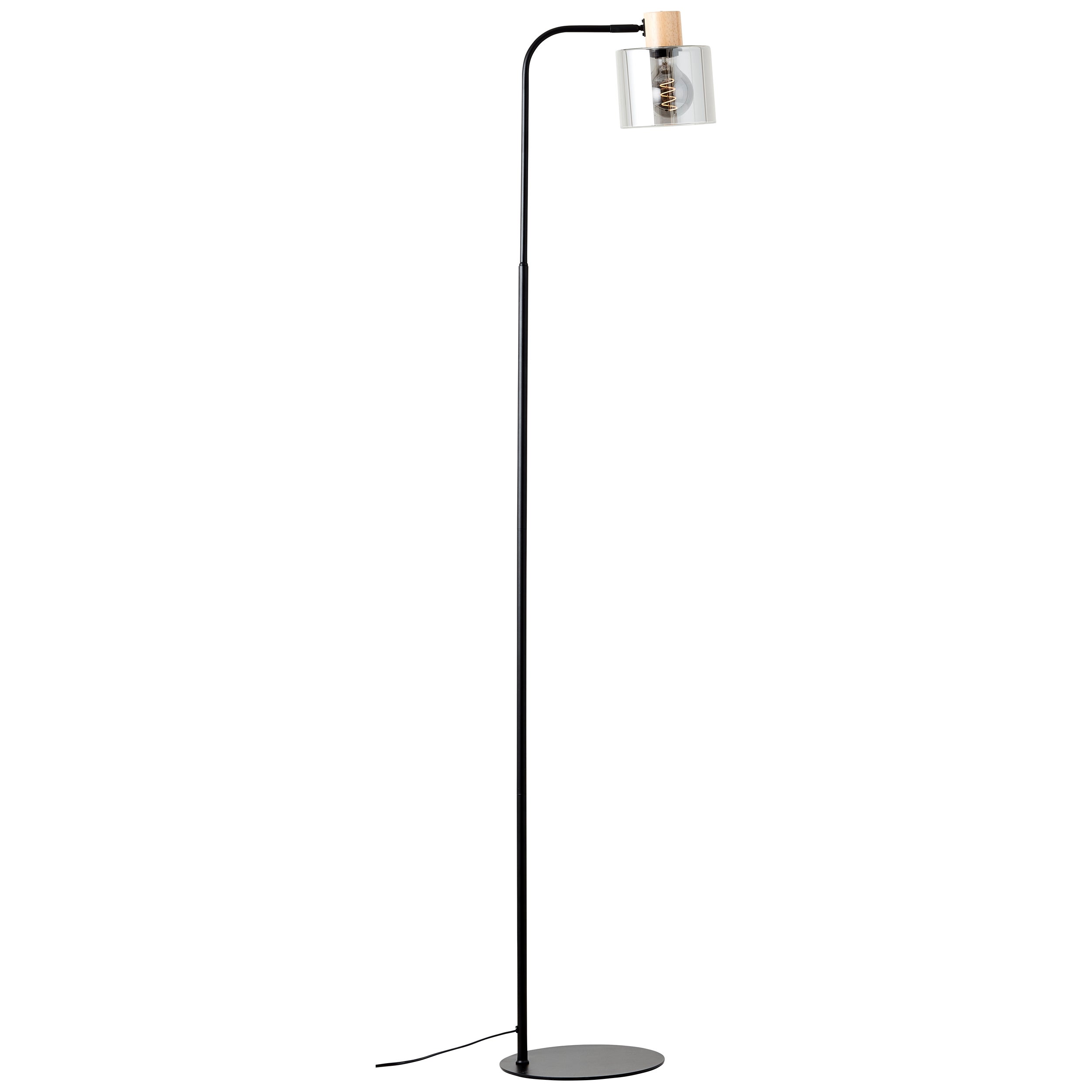 Brilliant Lampa podłogowa Weald 1.6m czarny/dym/drewno metal/szkło/drewno włącznik nożny 1x A60, E27, 40 W, pasuje do zwykłej żarówki (brak w zestawie