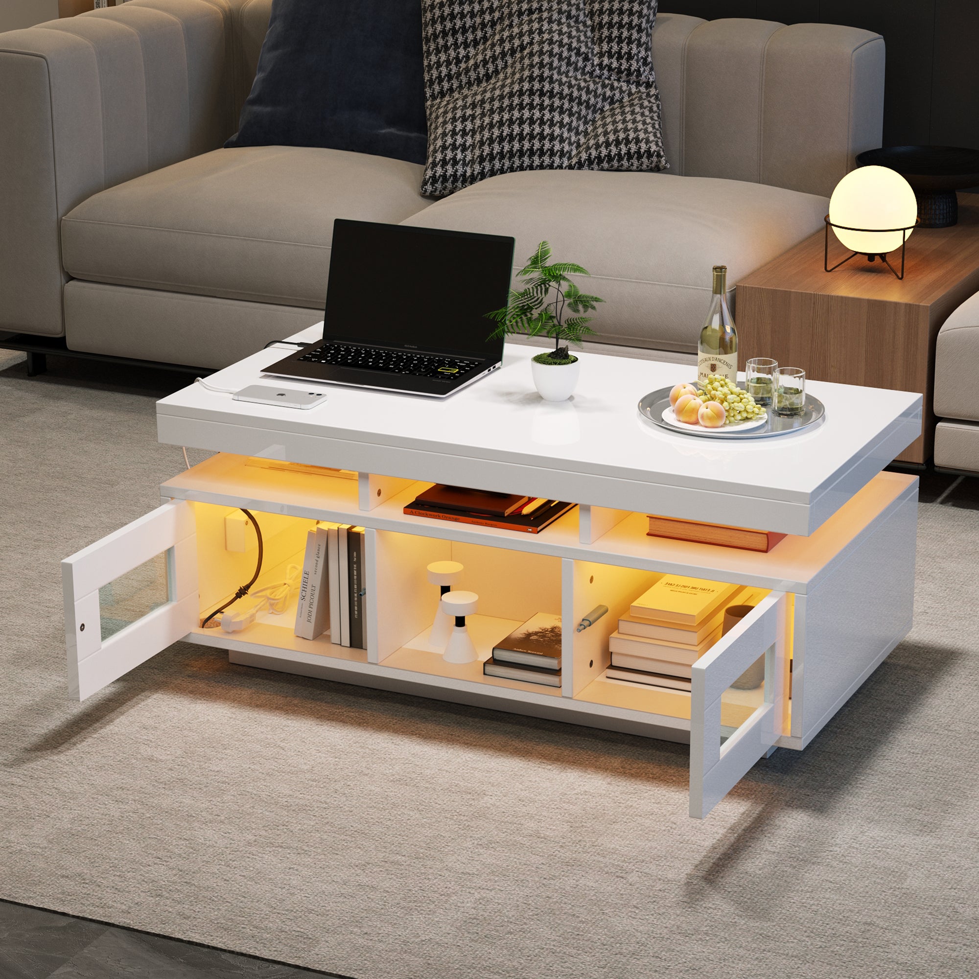 100×50×43 cm, biały, połyskujący stolik kawowy z oświetleniem LED sterowanym za pomocą aplikacji mobilnej, stolik do salonu z szafką