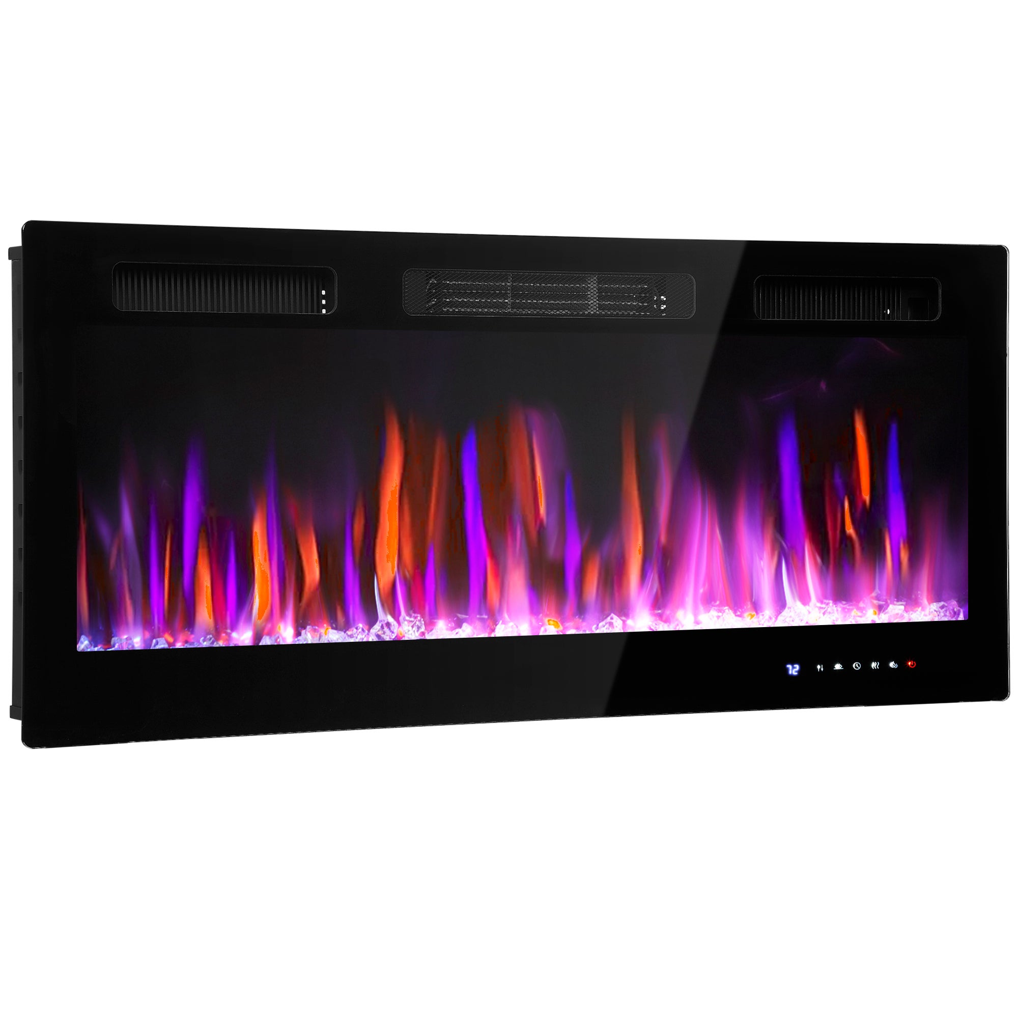 Kominek elektryczny do montażu na ścianie lub do zabudowy, 900W/1800W, efekt płomienia z 12 kolorami i 5 poziomami jasności, 106,7x9,4x47cm, czarny