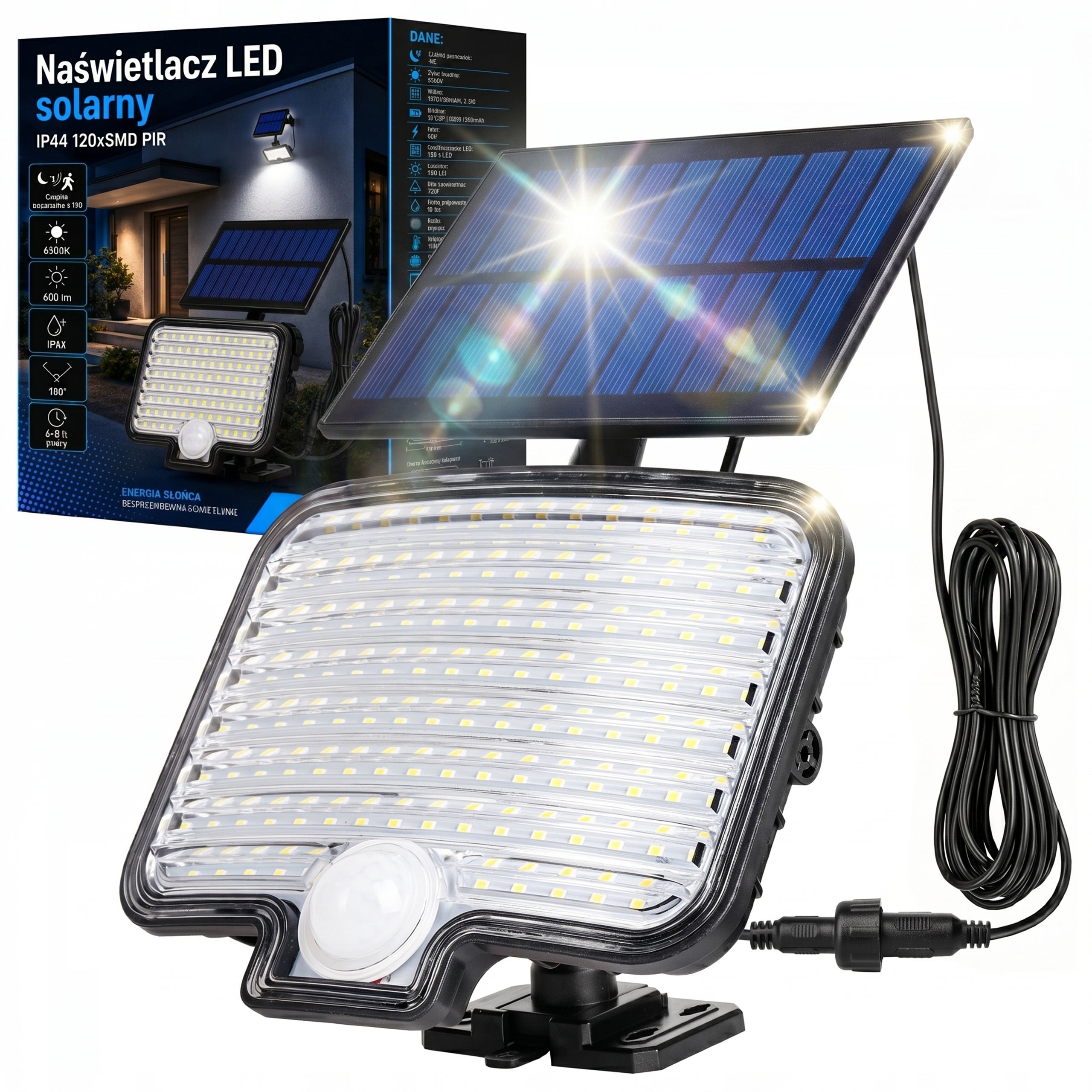 Naświetlacz lampa solarna uliczna 6W IP44 6500K czujnik ruchu PIR czarny MasterLED