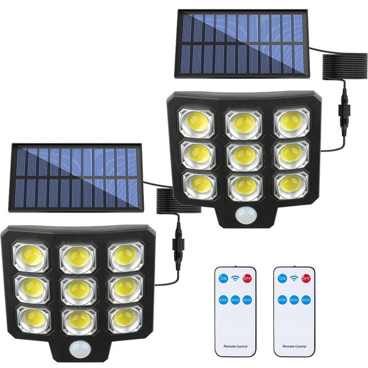2 lampy solarne zewnętrzne z czujnikiem ruchu, 63 COB, 3 tryby oświetlenia i pilot zdalnego sterowania.