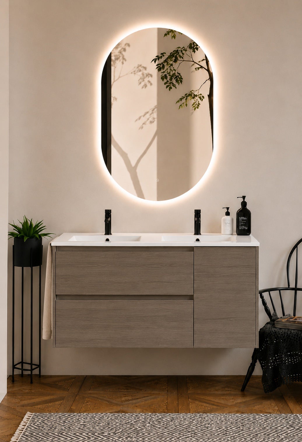 Szafka łazienkowa z umywalką ORIGENBATH ITACA bez lustra 120x45 cm podwójna umywalka dąb smoky