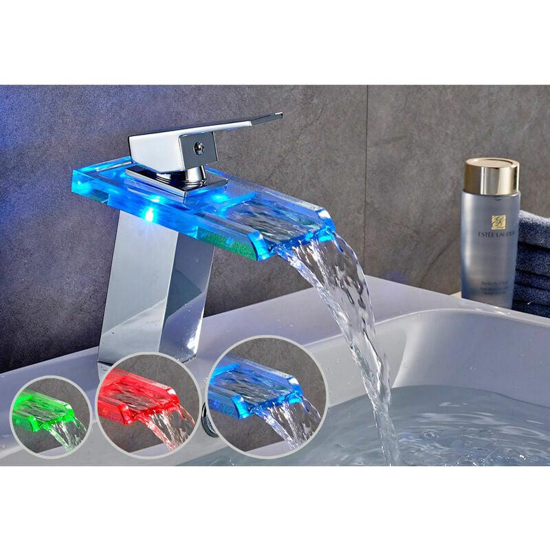Bateria umywalkowa MitigEU Waterfall LED z 3 kolorami, z mieszaczem wody i zimnej wody, z chromowanego mosiądzu i szkła, 17 x 13,8 x 9,5 cm