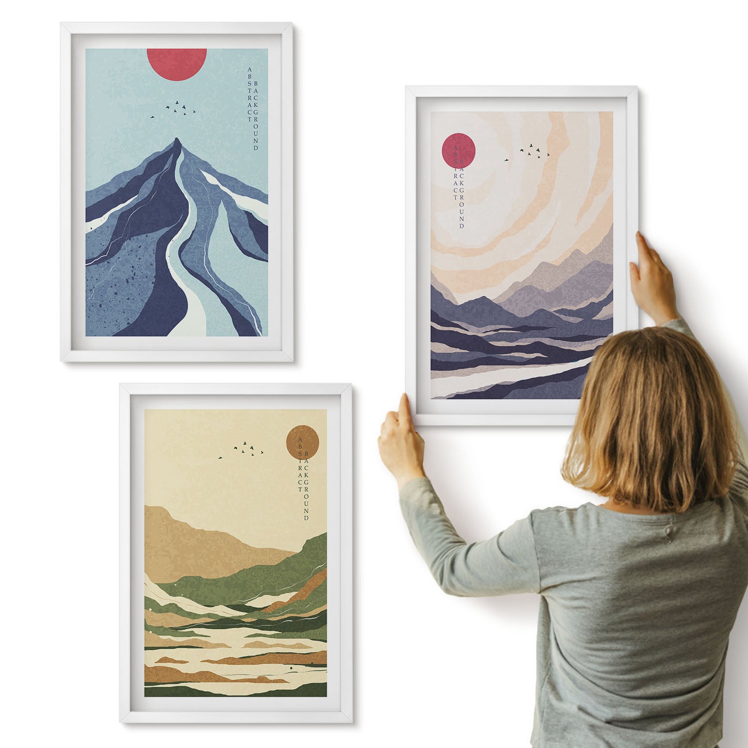 Galeria ścienna 3-częściowy komplet obrazów w białych ramach - Góry w pastelowych kolorach styl japandi - ArtPrintCave