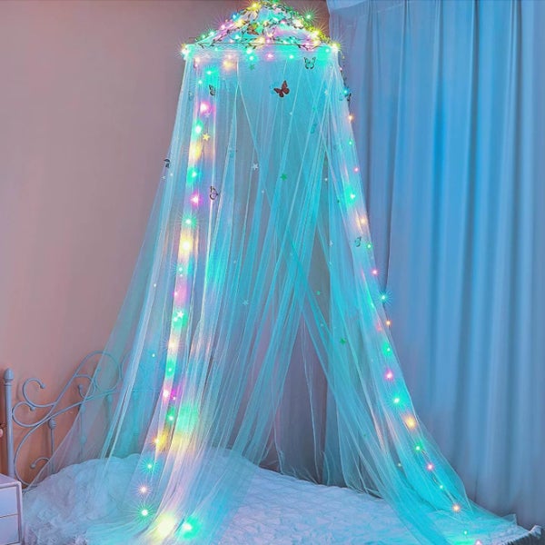Moskitiera na łóżko z wbudowanym oświetleniem LED - Kopuła bez montażu, motyw naturalny DIY 60x250cm - niebieska