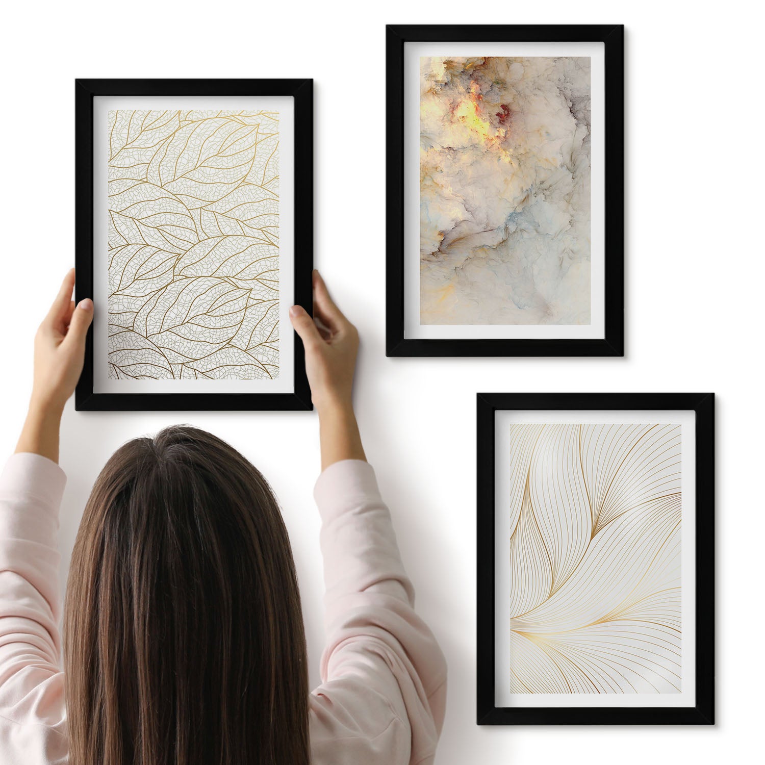 Galeria ścienna 3-częściowy komplet obrazów w czarnych ramach - Linearne wzory liści abstrakcyjny marmur - ArtPrintCave
