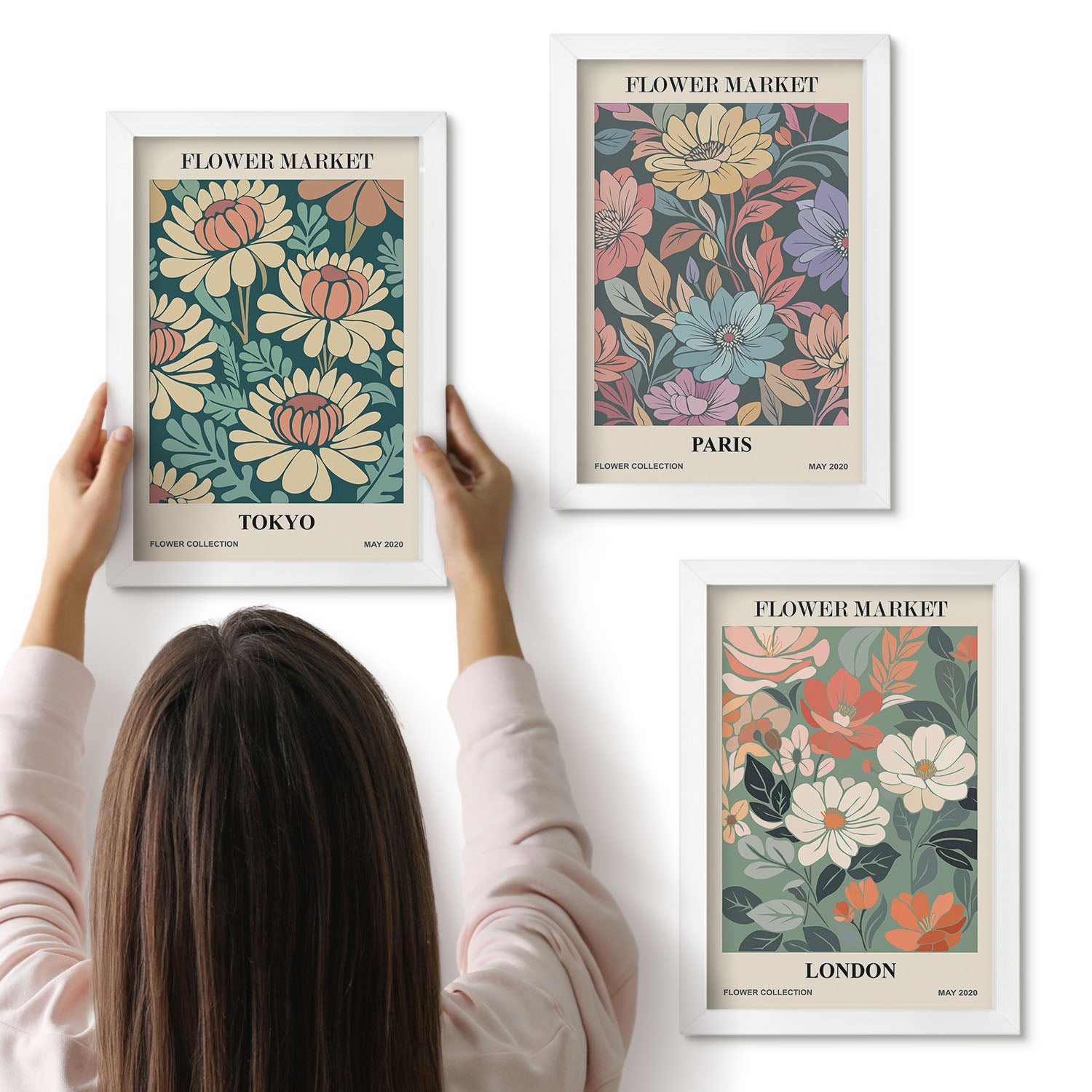 Galeria ścienna 3-częściowy komplet obrazów w białych ramach - Postery kwiatowe Tokio Paryż Londyn - ArtPrintCave