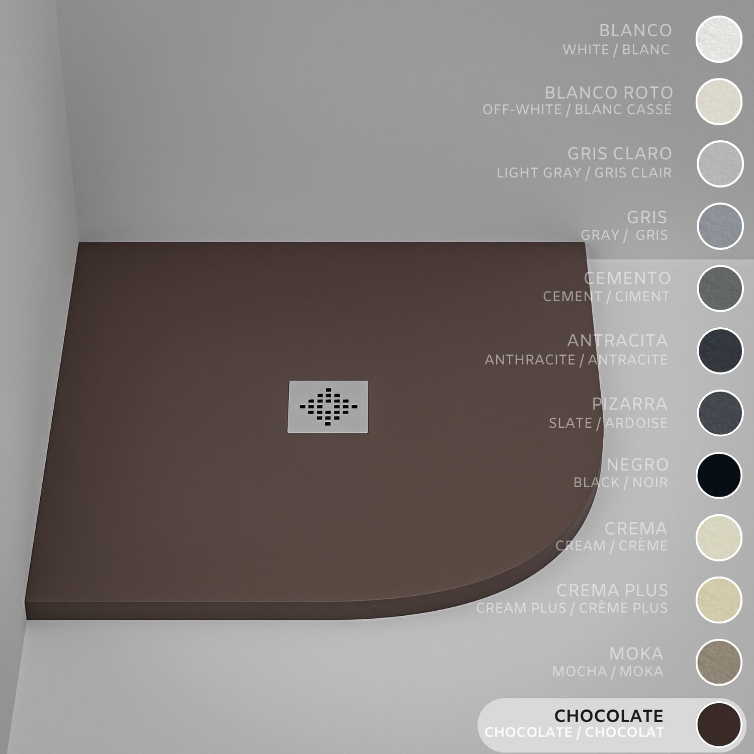 Brodzik półokrągły SOULHOME Żywica i Konglomerat Mineralny Antypoślizgowy 80x80 cm Czekoladowy - Kratka Inox