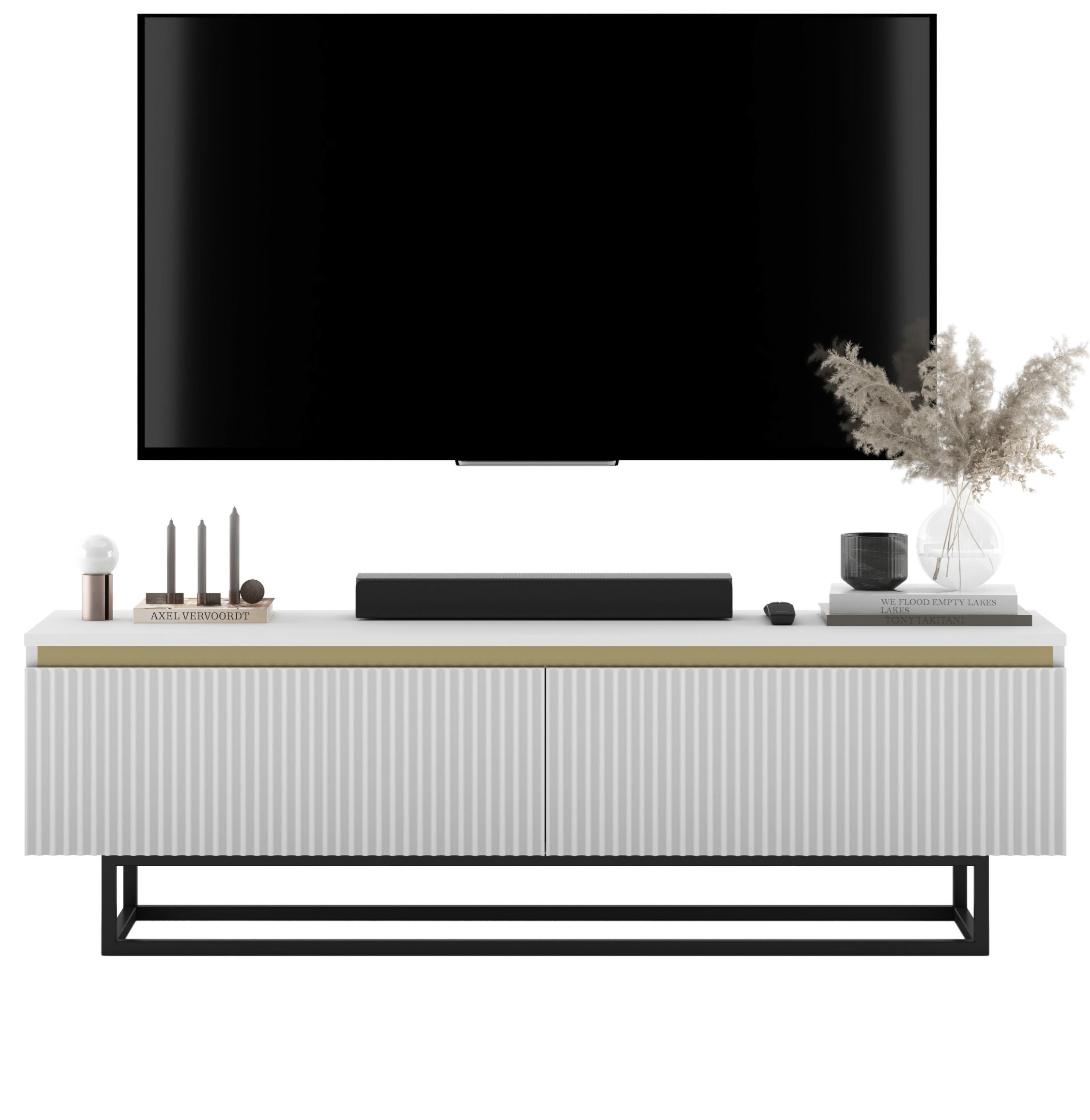 Szafka RTV Glamour 140 cm biały mat, czarny metalowy stelaż, komoda RTV do nowoczesnego salonu