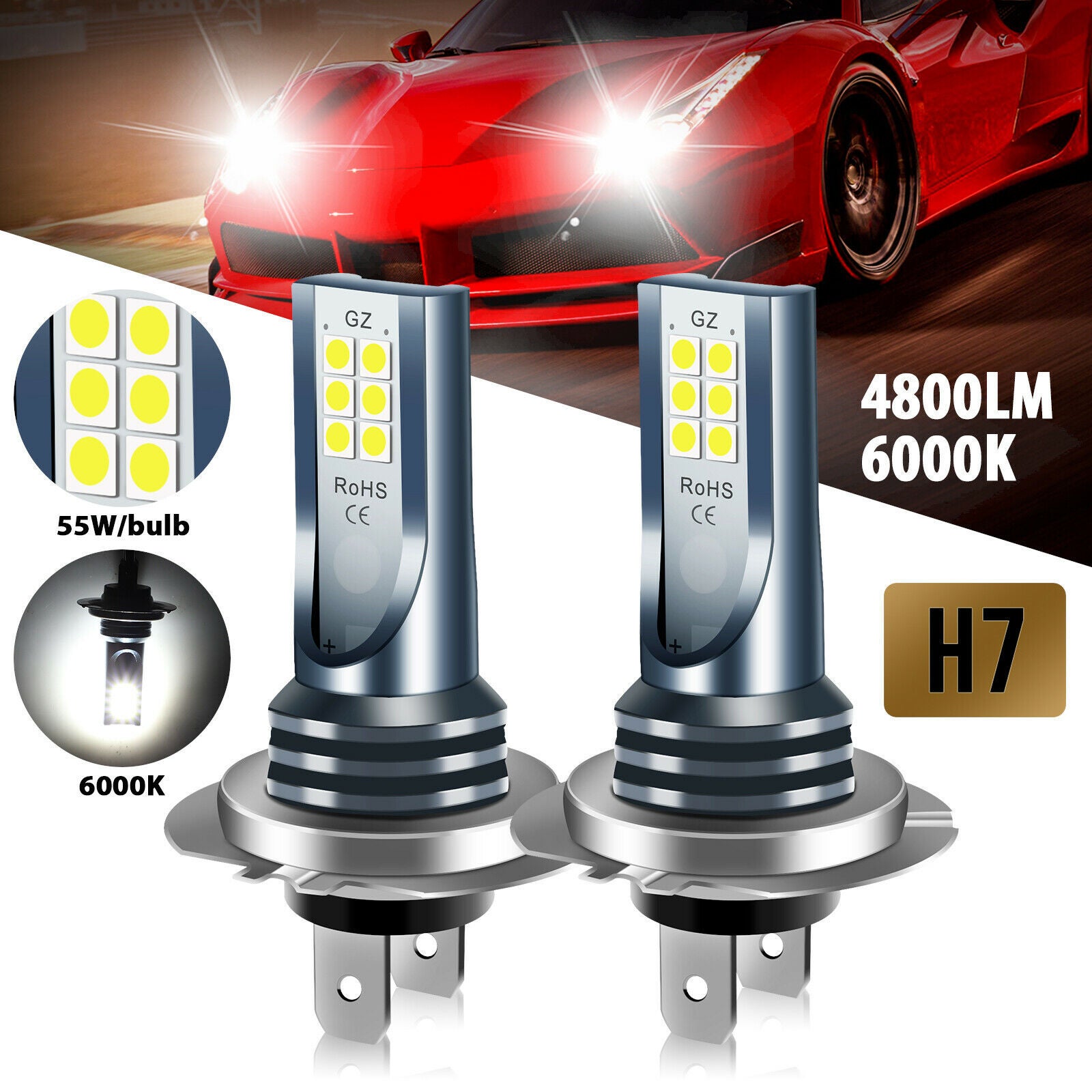 Zestaw reflektorów 2x H7 LED 6000k Super White 110w 4800lm