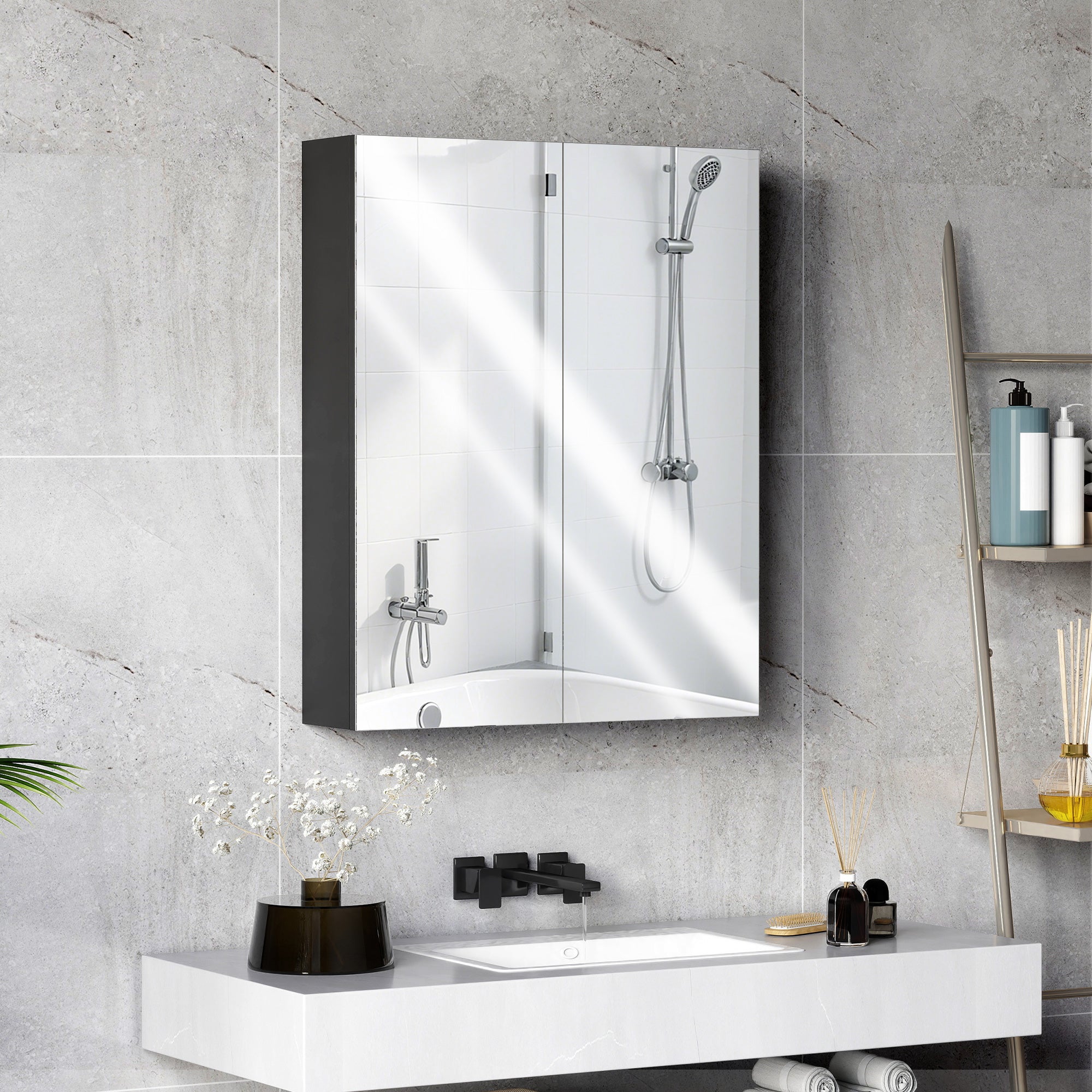 Szafka łazienkowa wisząca, mebel łazienkowy z lustrem, 2 drzwi i regulowane półki do przechowywania, 60x15x75 cm, czarna