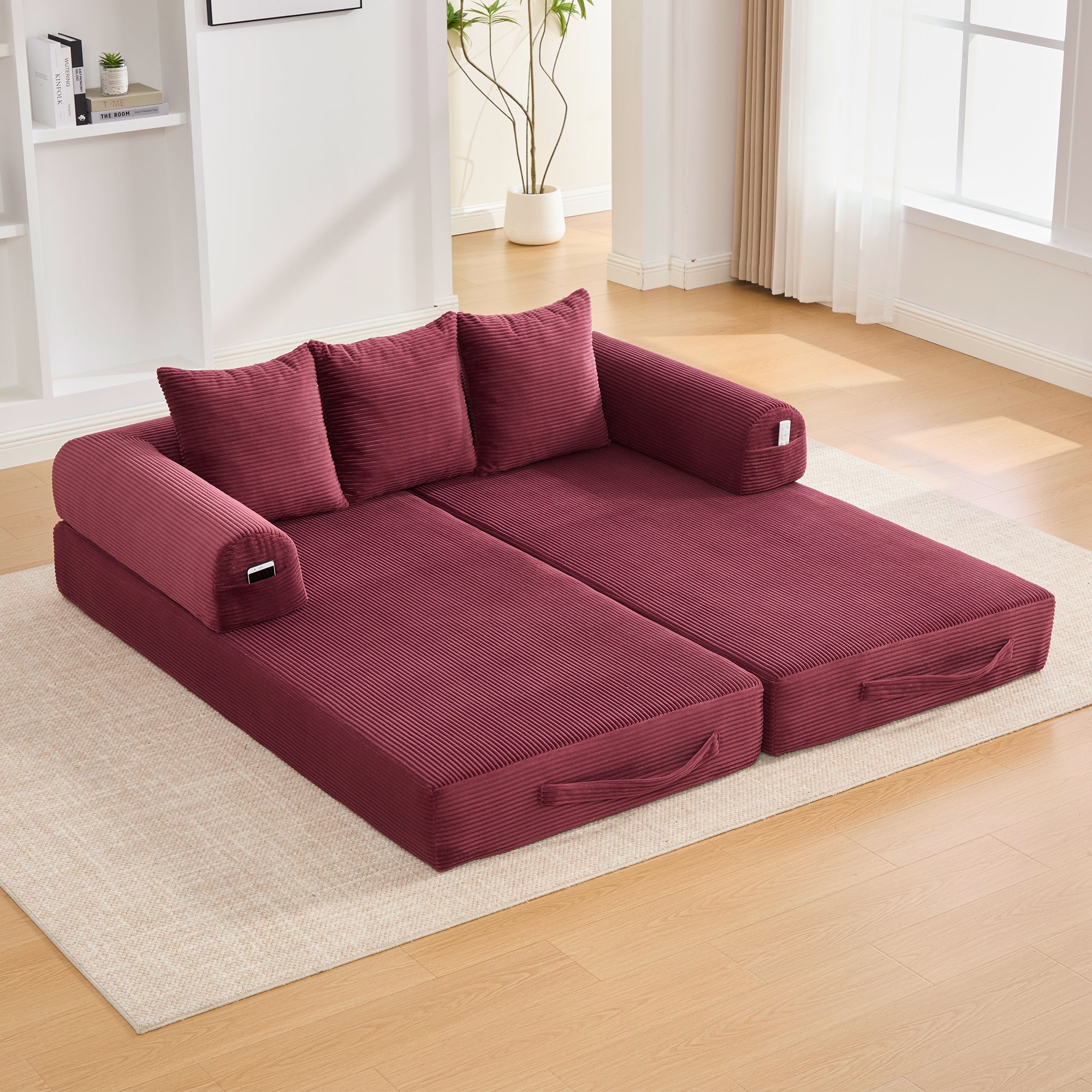 Sofa Modułowa Bordowa Sztruks z Metalową Ramą, Kieszeniami Bocznymi i 3 Poduszkami do Salonu
