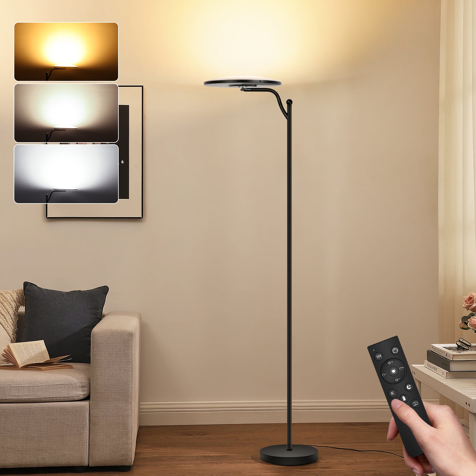 LOVHAUS Lampa Podłogowa do Salonu 32W, Lampa Sufitowa z Regulacją Jasności i Pilotem, 2700K-6500K, LED Lampadaire z Regulacją Natężenia
