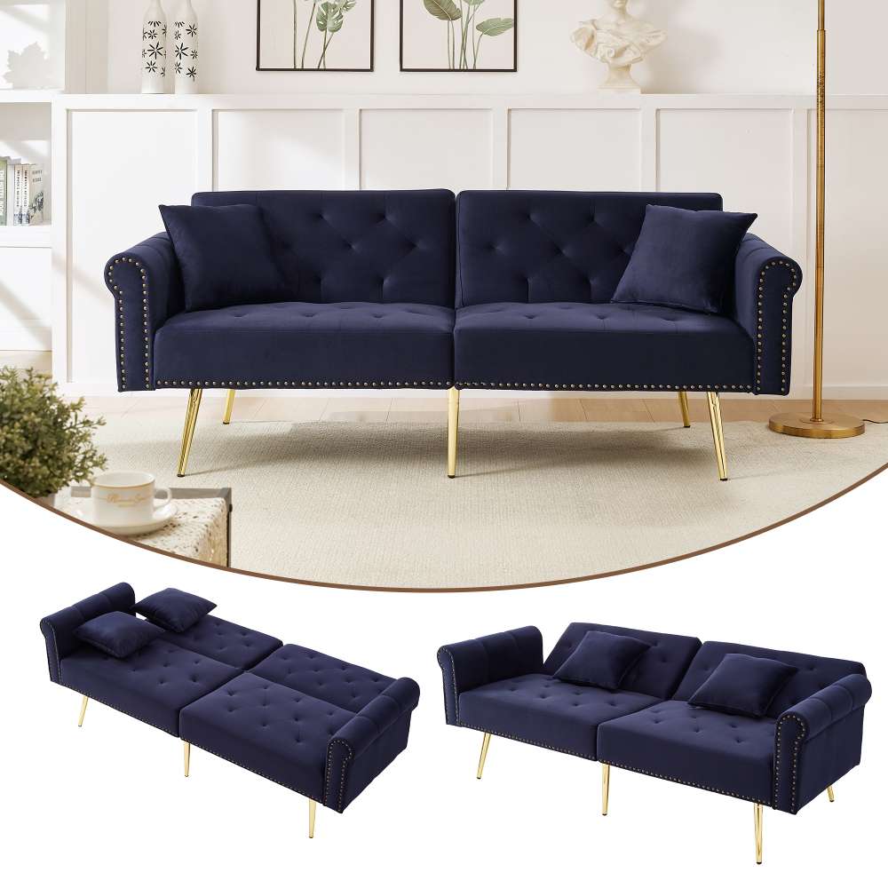 Dwuosobowa sofa welurowa w nowoczesnym stylu — regulowane oparcie, złote nogi, możliwość przekształcenia w łóżko
