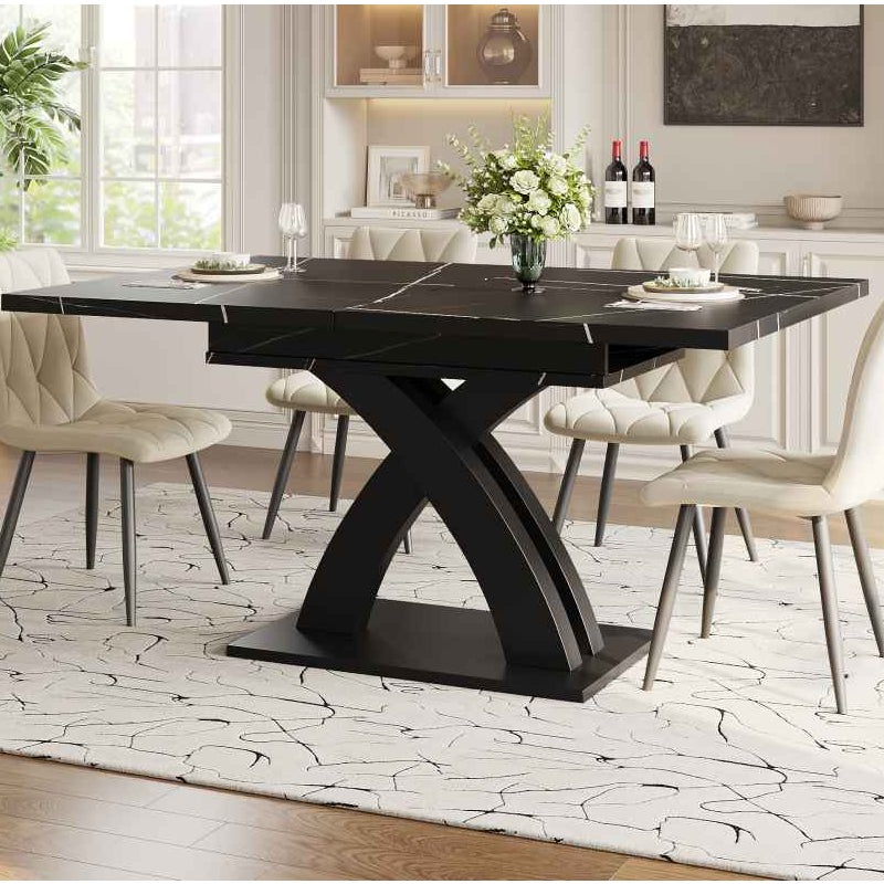 Rozkładany stół 120x80 cm do jadalni, kuchni lub tarasu, solidny blat z płyty MDF, elegancki czarny design, pomieści do 6 osób