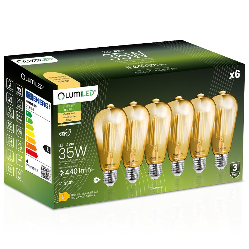 6x Żarówka Lumiled LED E27 Edison ST64 4W = 35W 440lm 2000K Ciepła 360st Filament