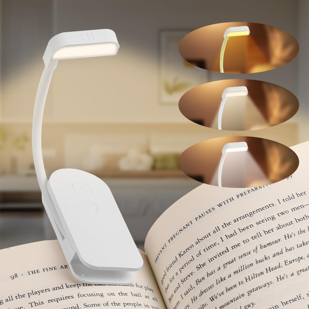 Akumulatorowa lampa do czytania, przenośna, trwała, miniaturowa lampa LED do czytania z klipsem, giętka szyjka 360°, 3 tryby ochrony oczu (ciepłe