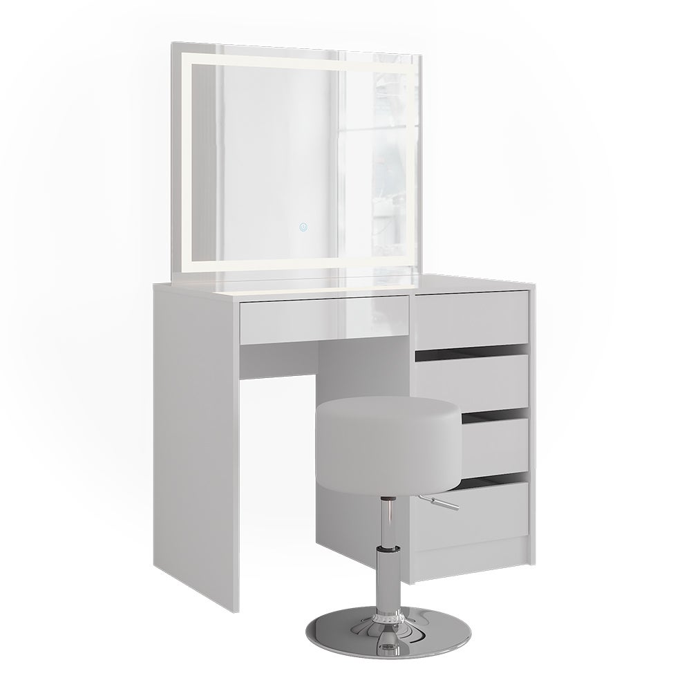 Vicco Stół do toalety Sherry, Biały/Biały wysoki połysk, 89.8 cm z lustrem LED i stołkiem