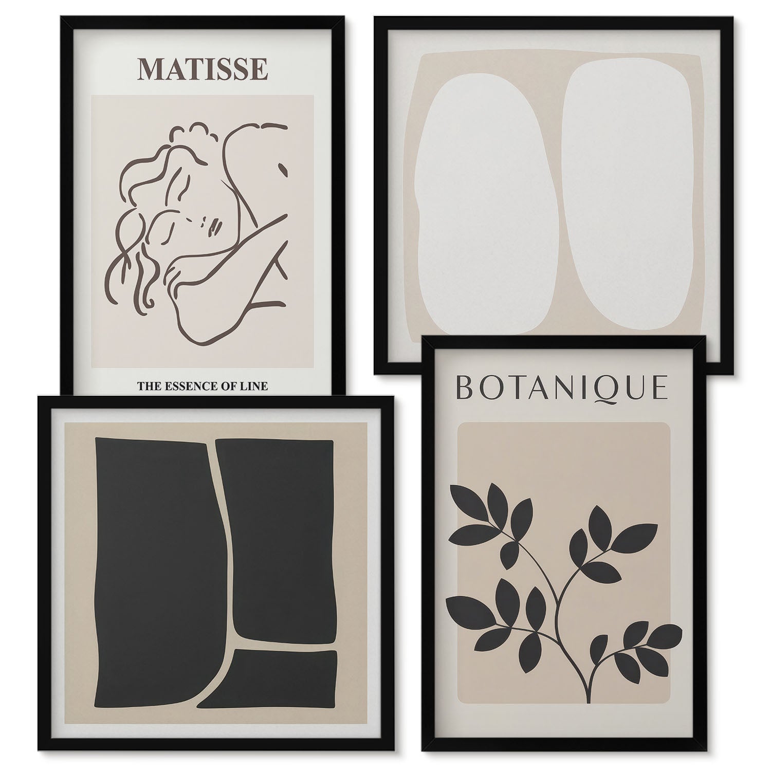 Zestaw obrazów w ramie - 4 części | Stylowe minimalistyczne obrazy z motywami roślinnymi Matisse | Czarna ramka