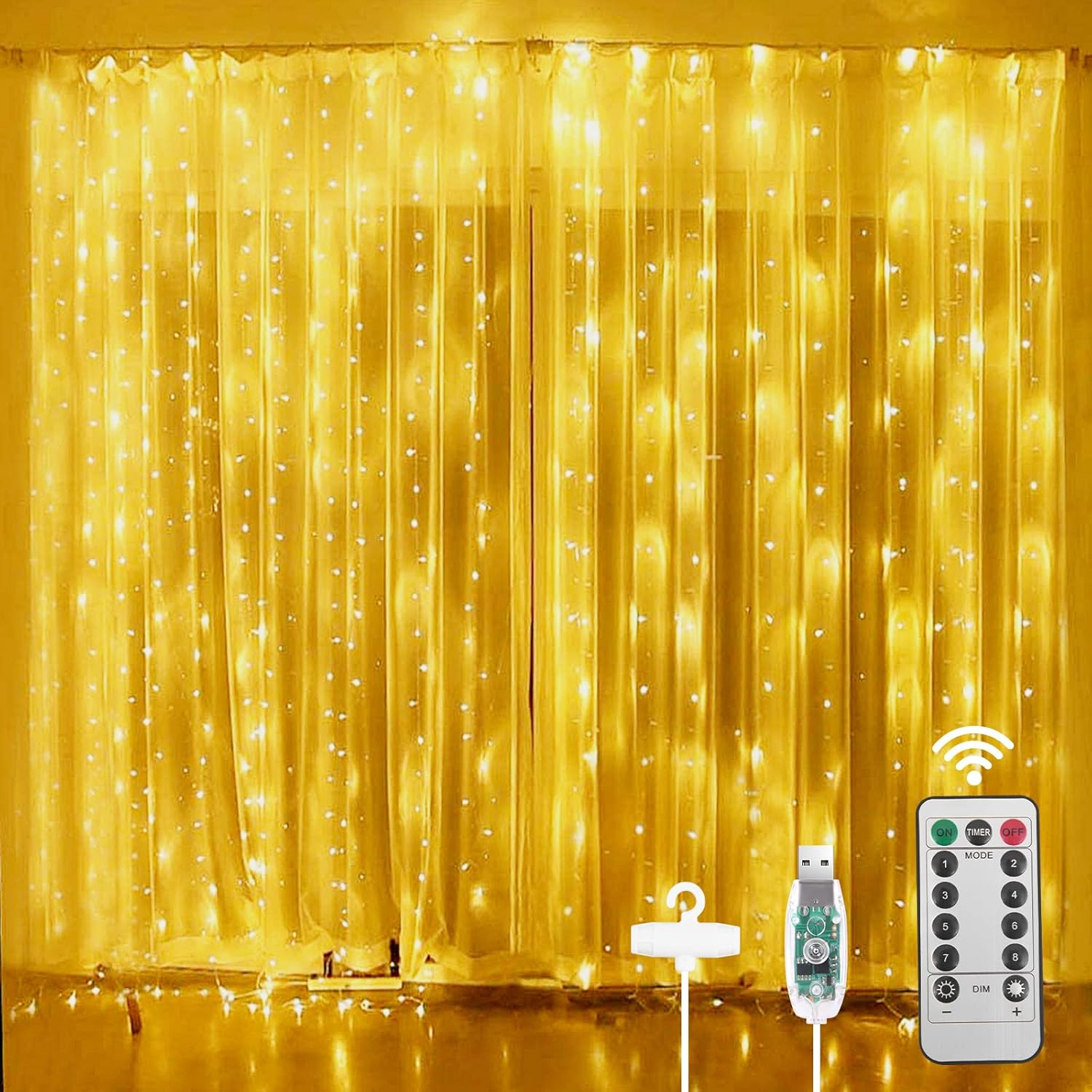 Kurtyna świetlna, 3m x 3m * 300 diod LED, 8 trybów oświetlenia, dekoracja do wewnątrz i na zewnątrz, ciepłe białe światło