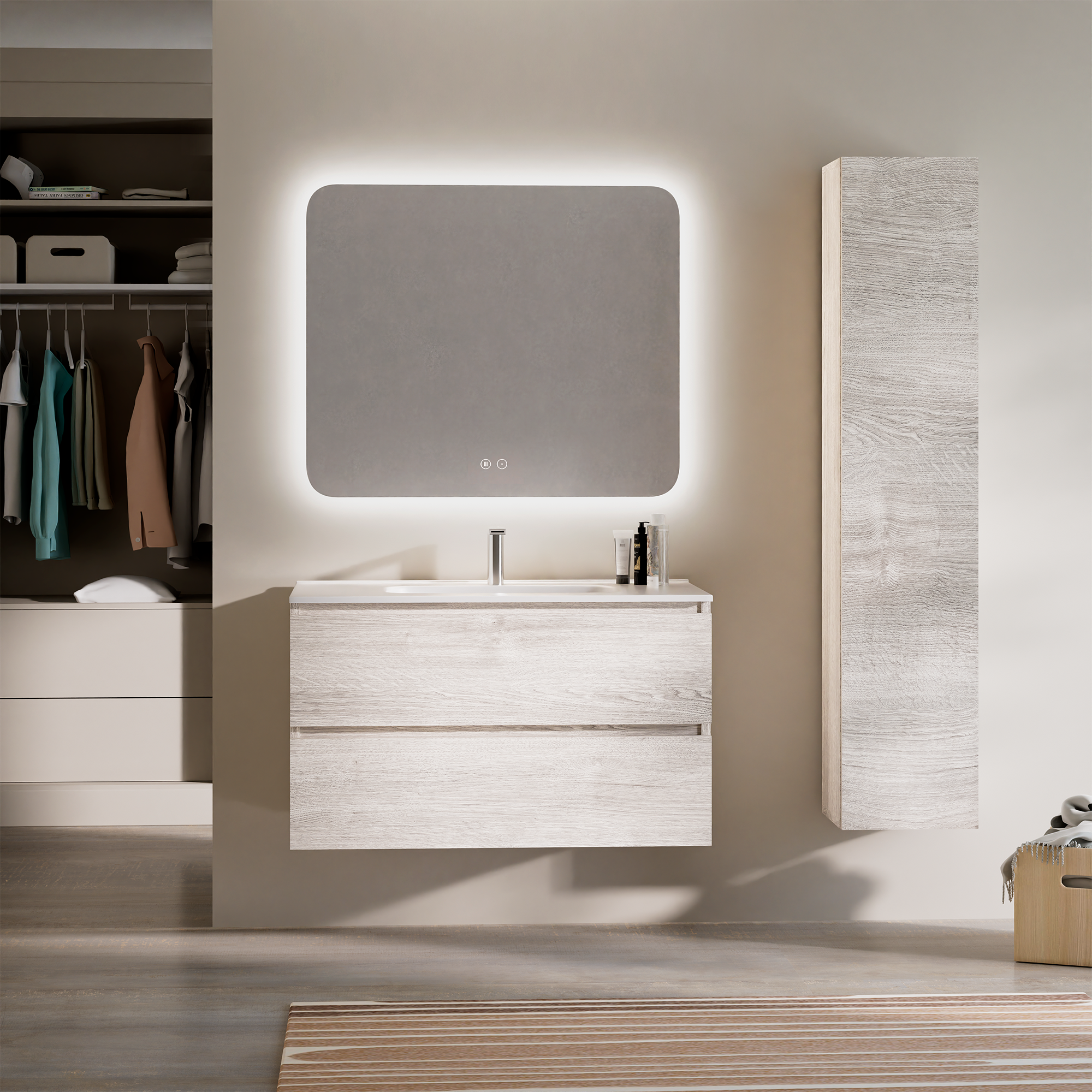 Feel Your Bath Zestaw mebli łazienkowych PANTER 100 cm, biały Caliza, 2 szuflady, biała umywalka ceramiczna, prostokątne lustro LED przeciwmgielne