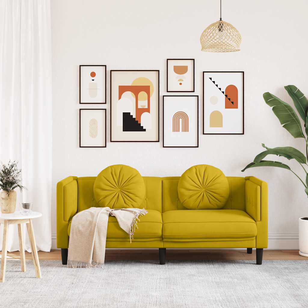Sofa 2-osobowa z poduszkami, żółta, aksamit