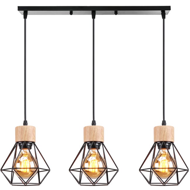 Lampa wisząca w stylu vintage industrial z trzema źródłami światła, drewno i metal, z gniazdem E27 i klatką w kształcie diamentu w stylu retro do sal