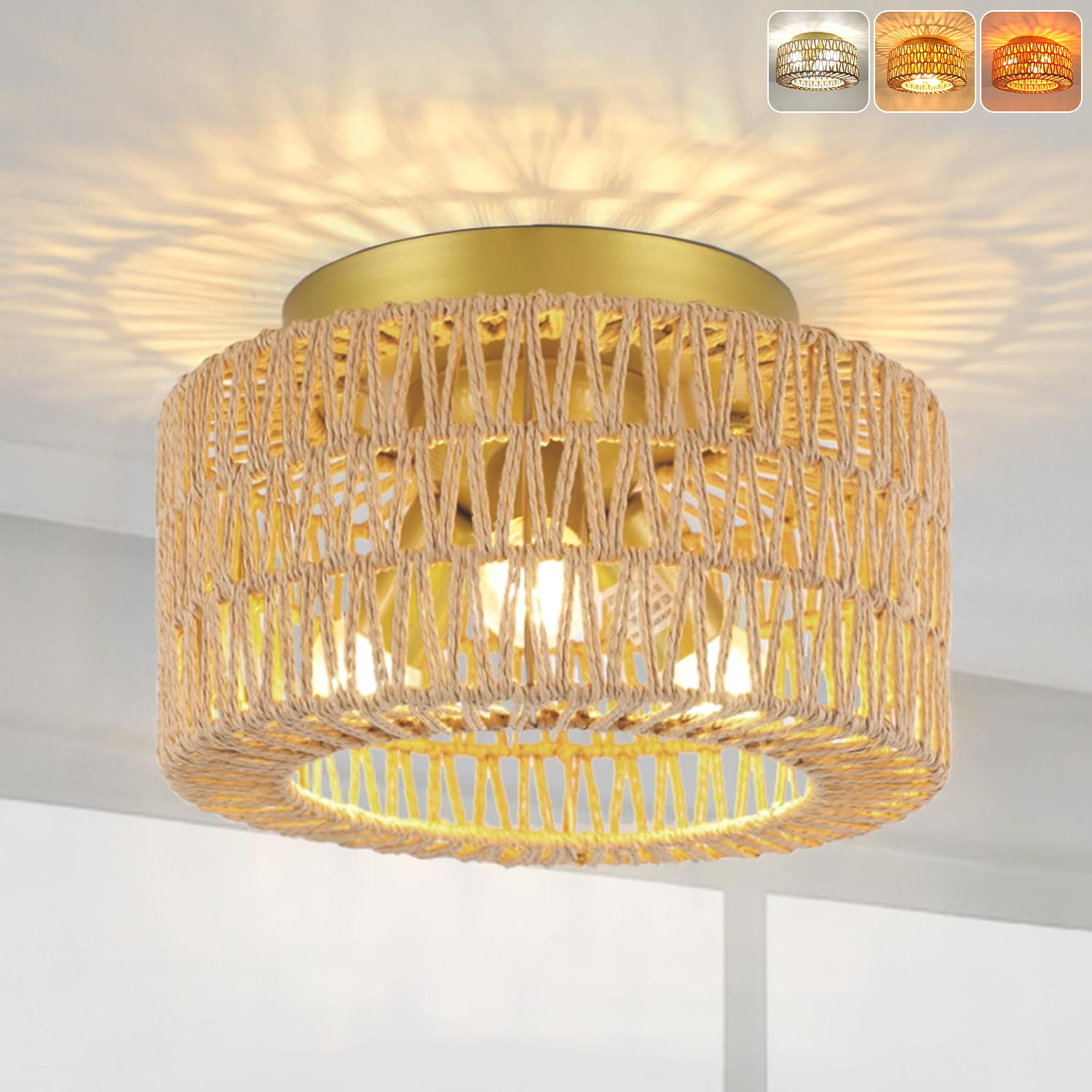 Lampa sufitowa z rattanu, żyrandol w stylu boho, lampa wisząca z żarówką, lampa sufitowa w stylu Wabi-sabi, 3 temperatury barwowe (3000K-6000K)