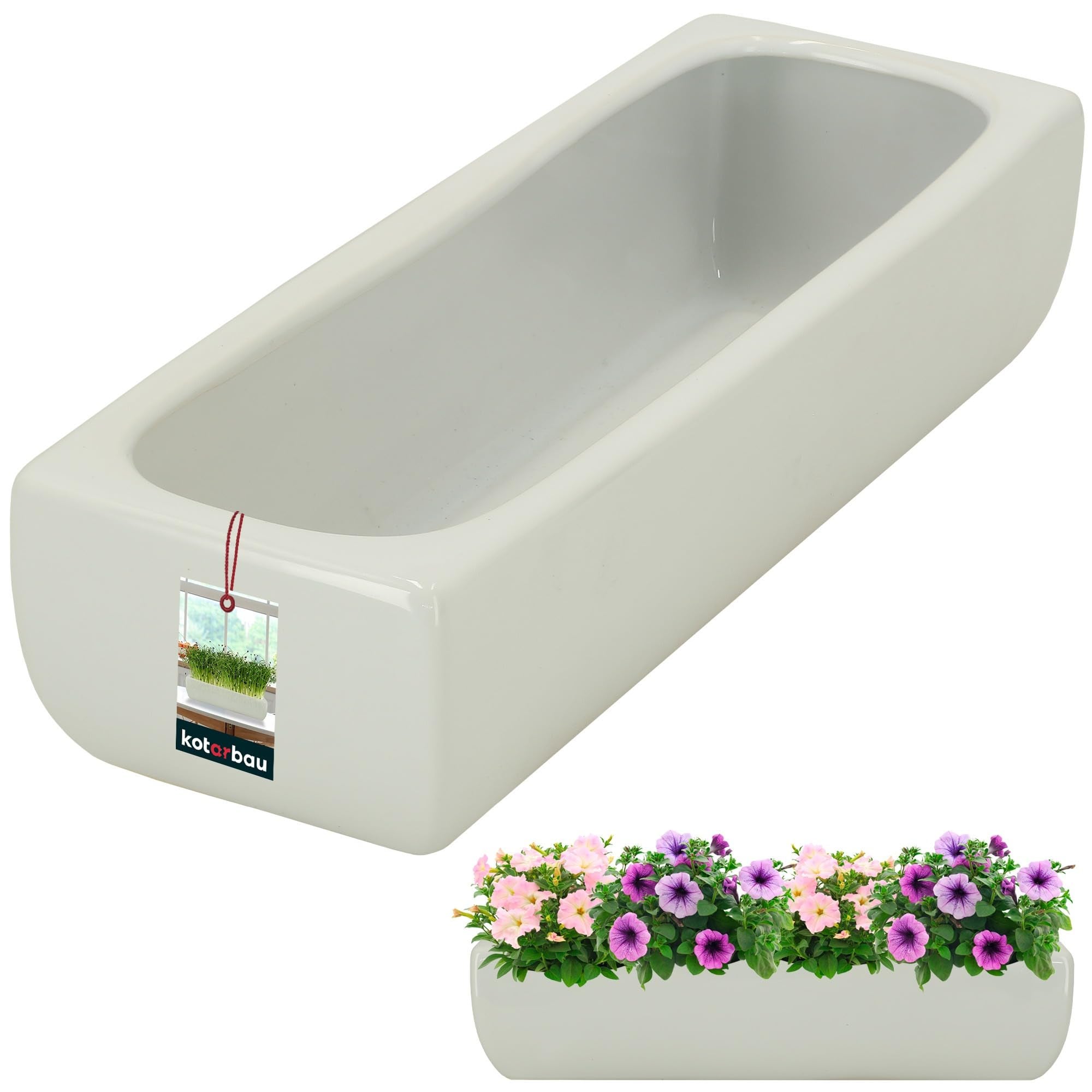 Doniczka donica ceramiczna szkliwiona biała podłużna kwiaty rośliny 31 cm - KOTARBAU