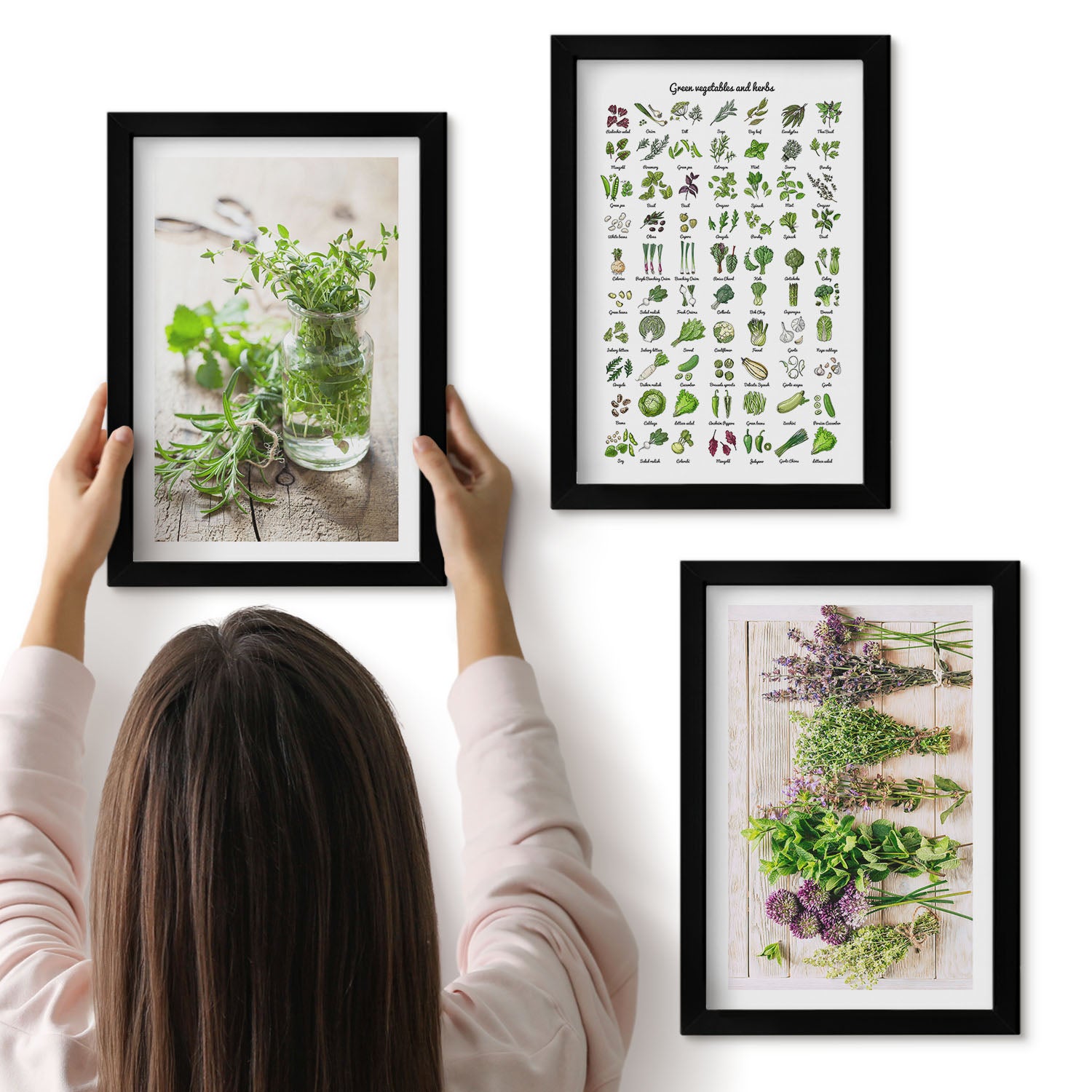 Galeria ścienna 3-częściowy komplet obrazów w czarnych ramach - Suszone rośliny do kuchni lista ziół - ArtPrintCave