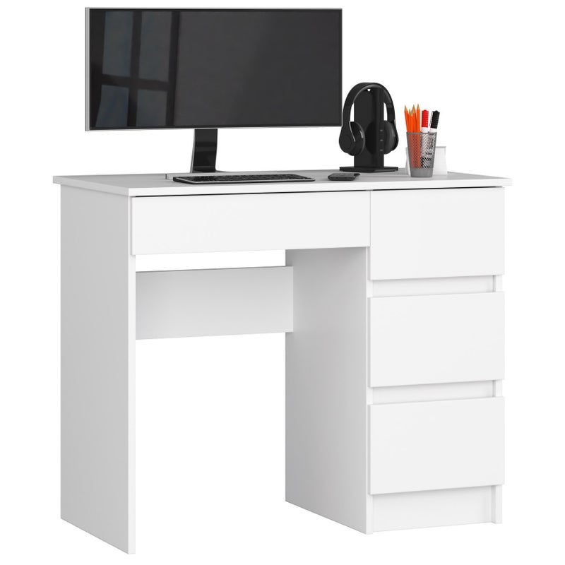 Biurko komputerowe AKORD A7 Białe 90 cm prawe 4 szuflady kolor Biały mat 90x50x77 cm