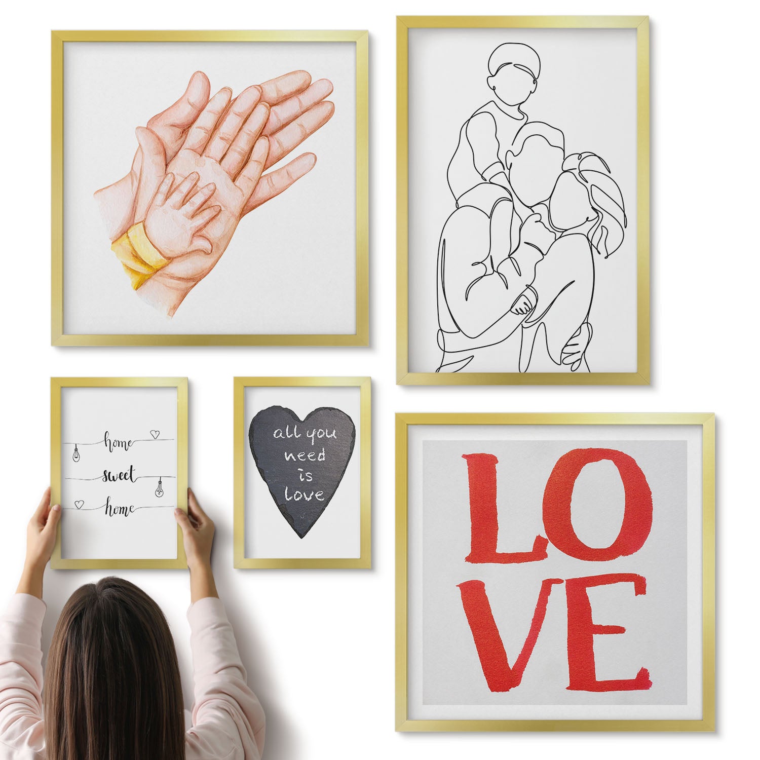 Galeria ścienna 5-częściowy komplet obrazów w złotych ramach - Rodzina miłość ciepło domowe chwile szczęścia - ArtPrintCave