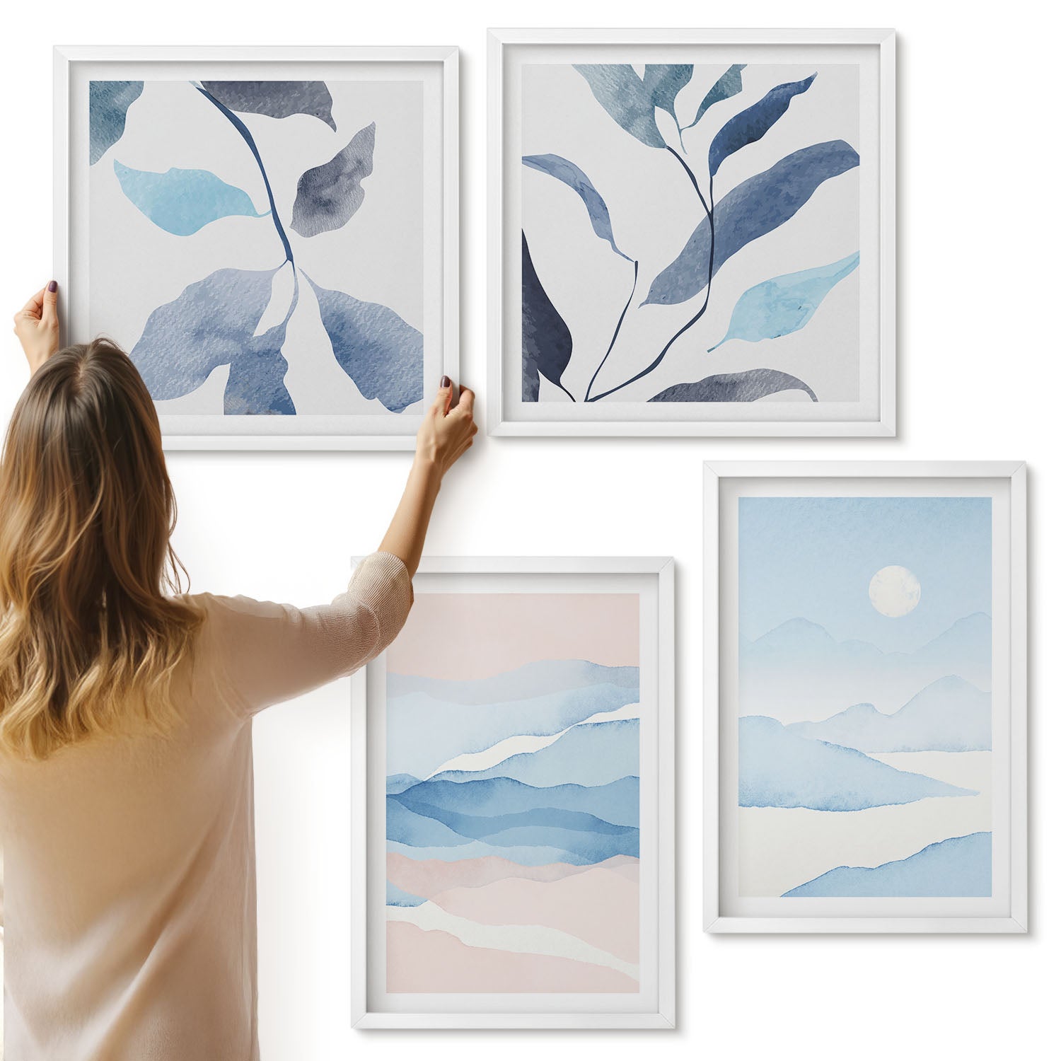 Galeria ścienna 4-częściowy komplet obrazów w białych ramach - Delikatne pejzaże górskie w akwareli rośliny - ArtPrintCave
