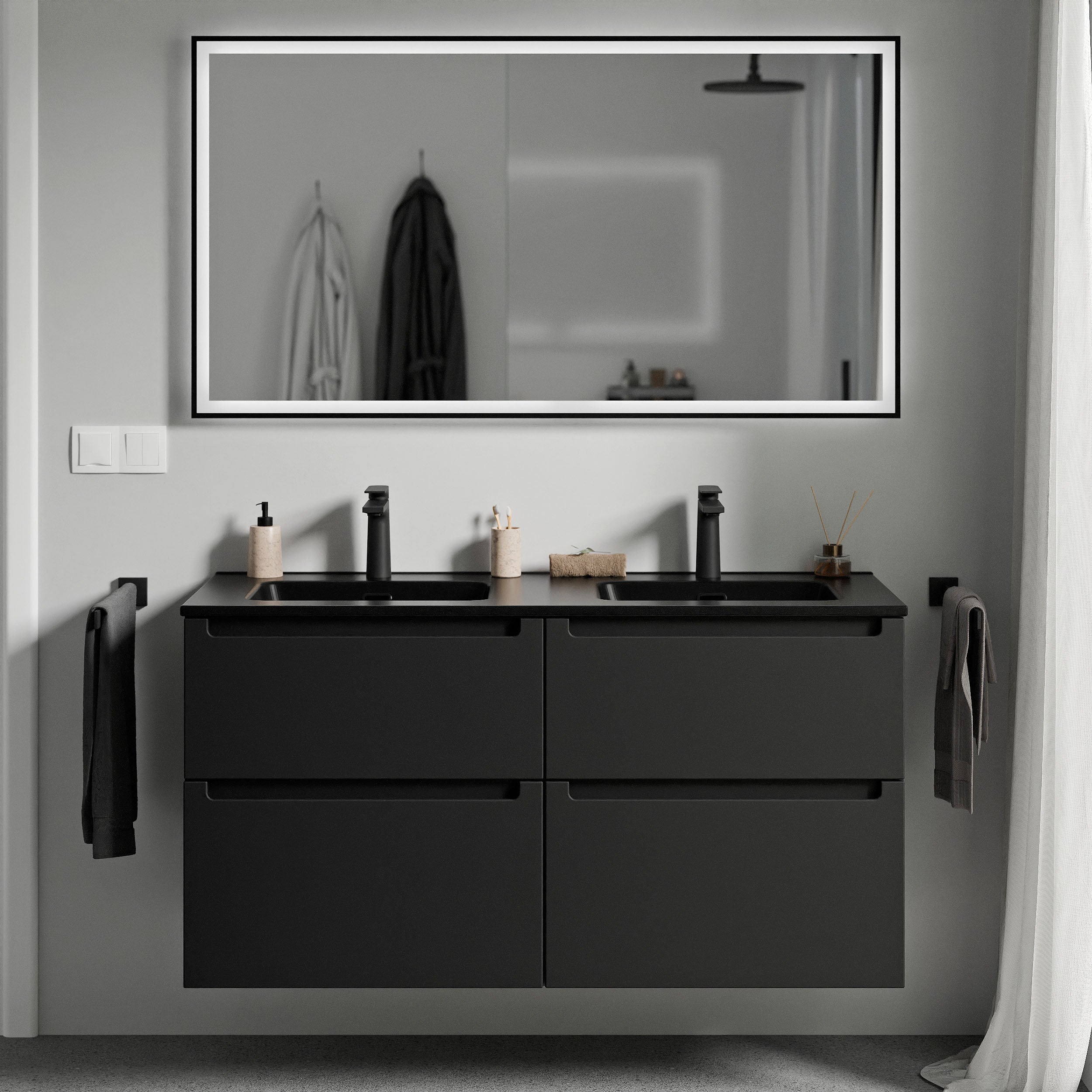 BERNSTEIN - Podwójna umywalka ścienna MDF matowa czarna 120x46x62 cm, czarne umywalki + odpływy i otwory na baterię - 120