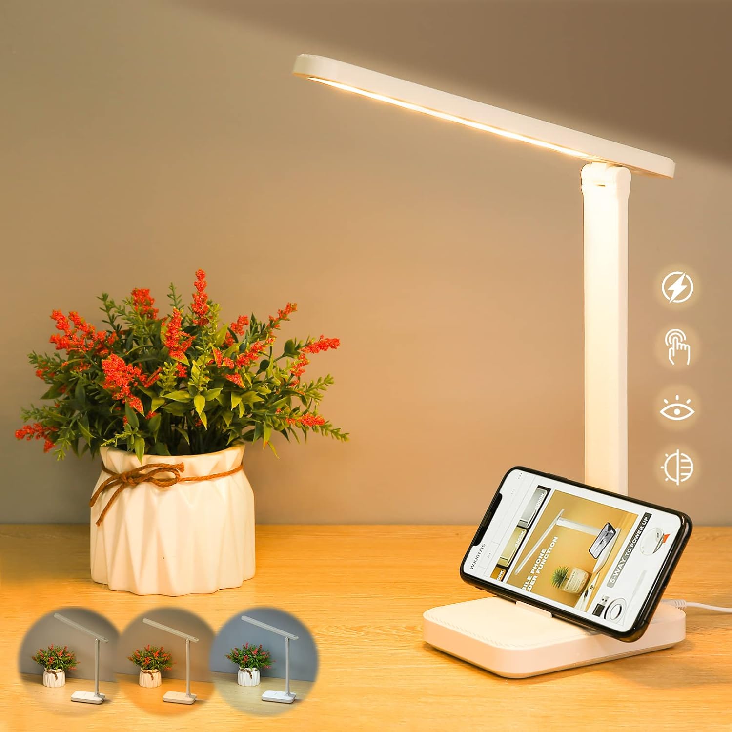 Lampka biurkowa LED, lampka do czytania dotykowa, 3 tryby kolorów, ściemnialna, składana lampka nocna, ładowana przez USB