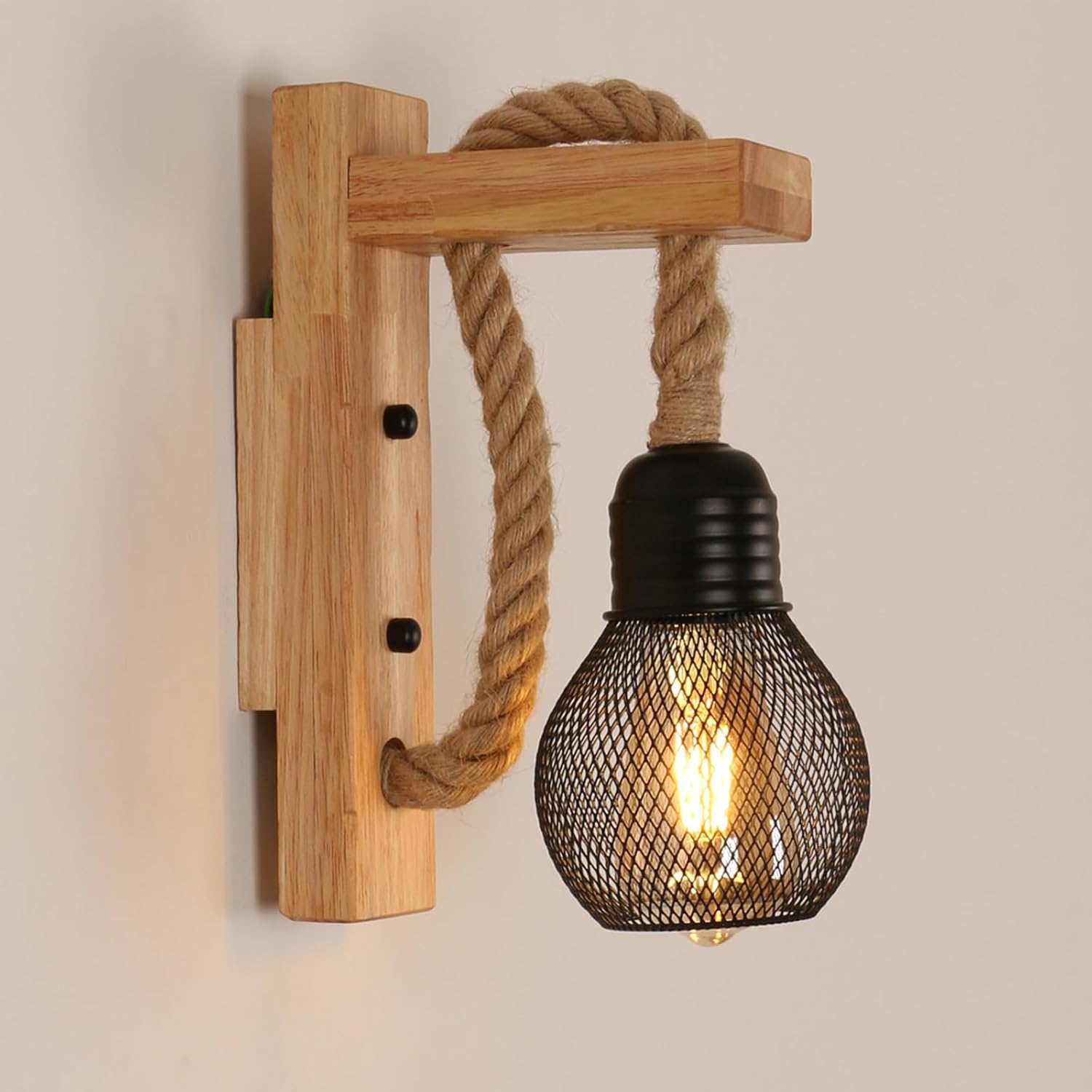 Kinkiet wewnętrzny z drewna, lampa ścienna w stylu retro, czarny metalowy klosz, gniazdo E27, lina konopna (żarówki nie są dołączone)