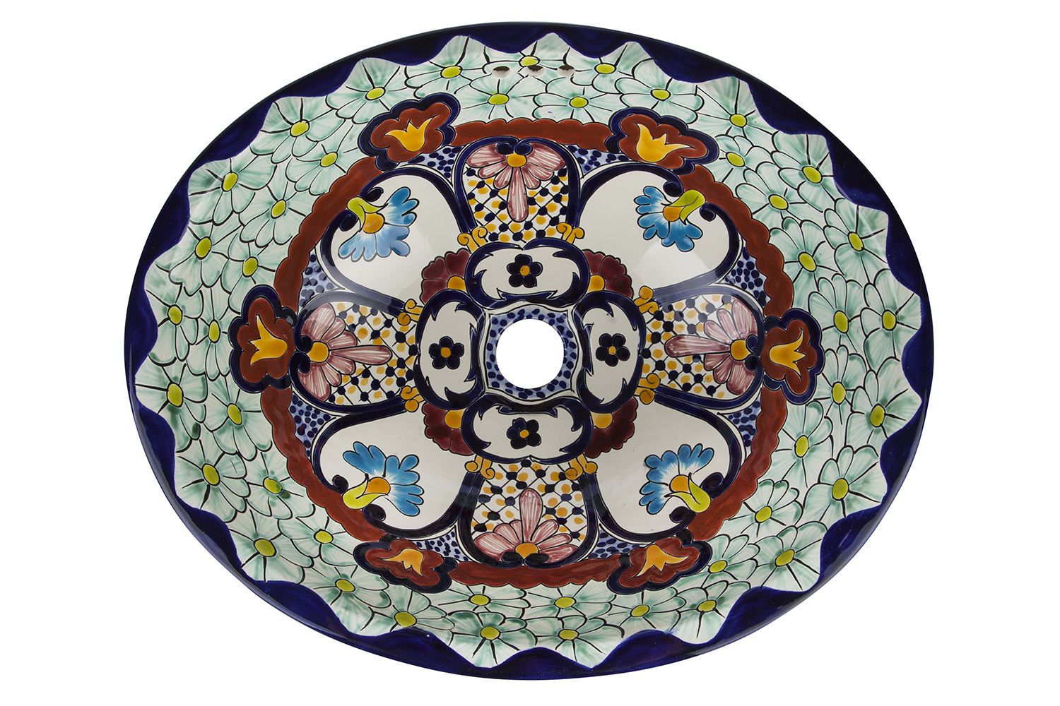 Meksykańska ceramiczna umywalka wpuszczana w blat Juanetta – ręcznie wykonana owalna umywalka łazienkowa 36 x 44,5 x 14 cm | Umywalka dekoracyjna