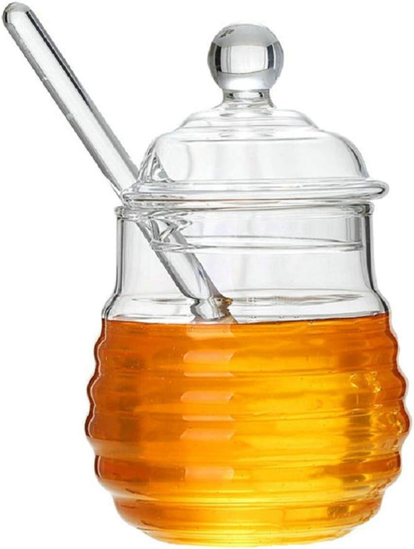 Szklany słoik na miód, przezroczysty słoik na miód z łyżeczką i pokrywką, szklany dozownik do syropu do pieczenia i śniadań, 250 ml