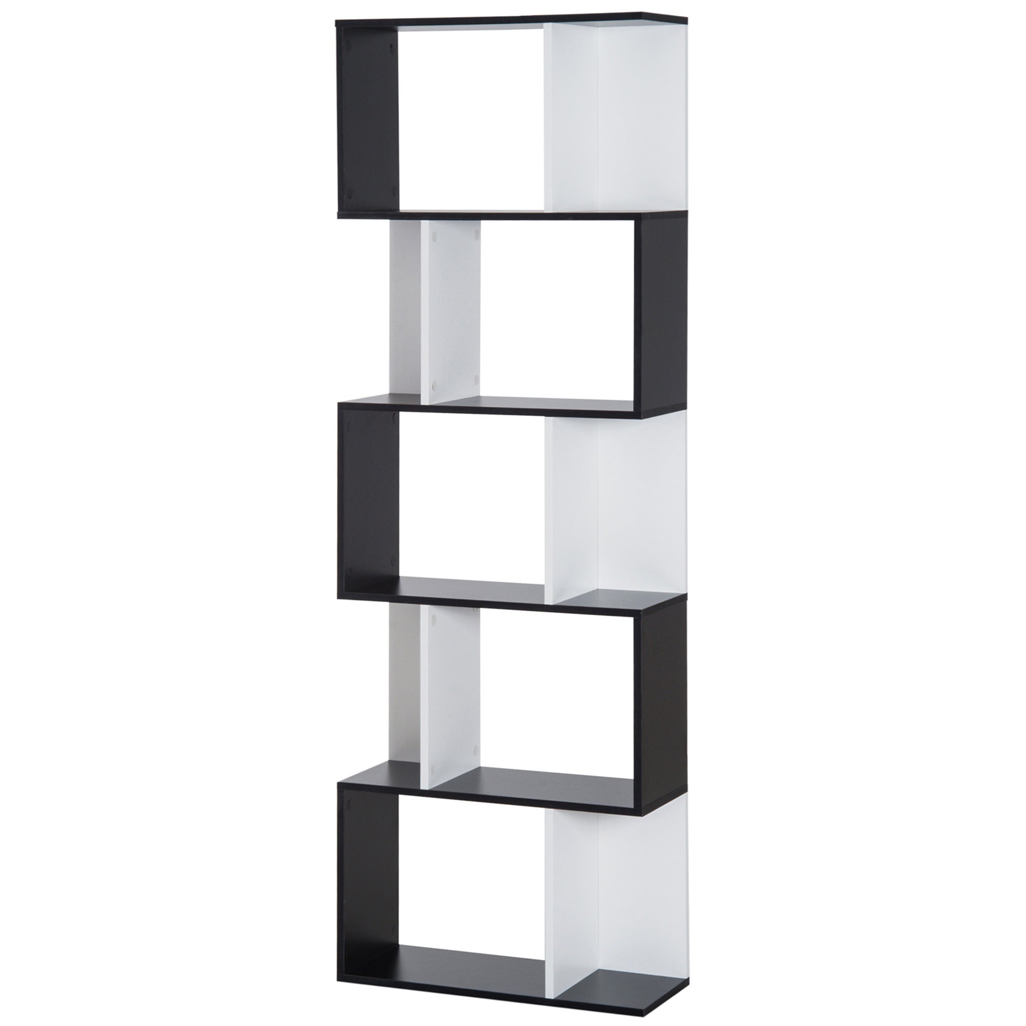Wysoka, w kształcie litery S, regał na książki z 5 półkami, nowoczesny design do salonu lub biura, 60 x 24 x 184,5 cm, czarno-biały