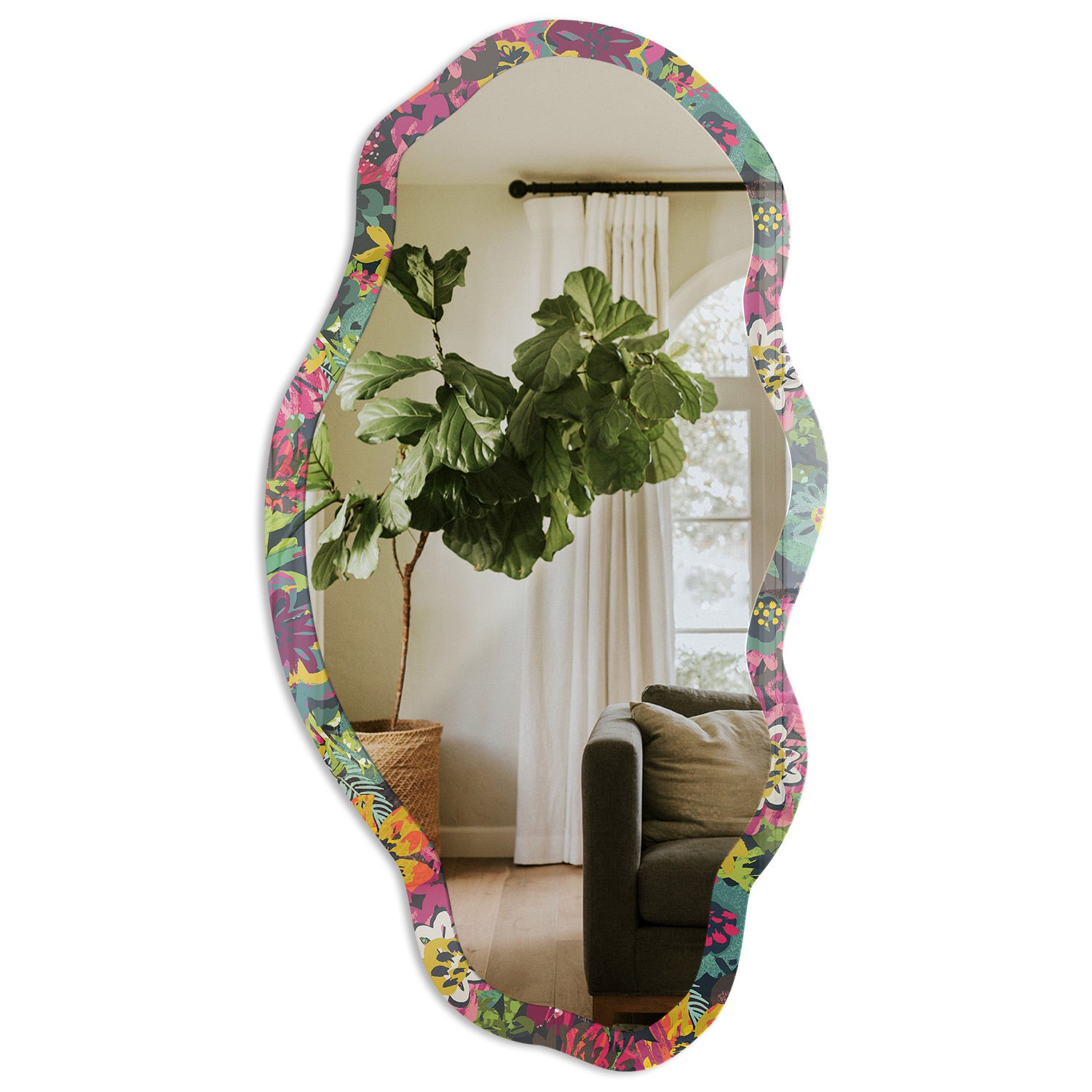 Eleganckie lustro ścienne w szklanej ramie z printem - Kwiatowa feeria 52x97cm