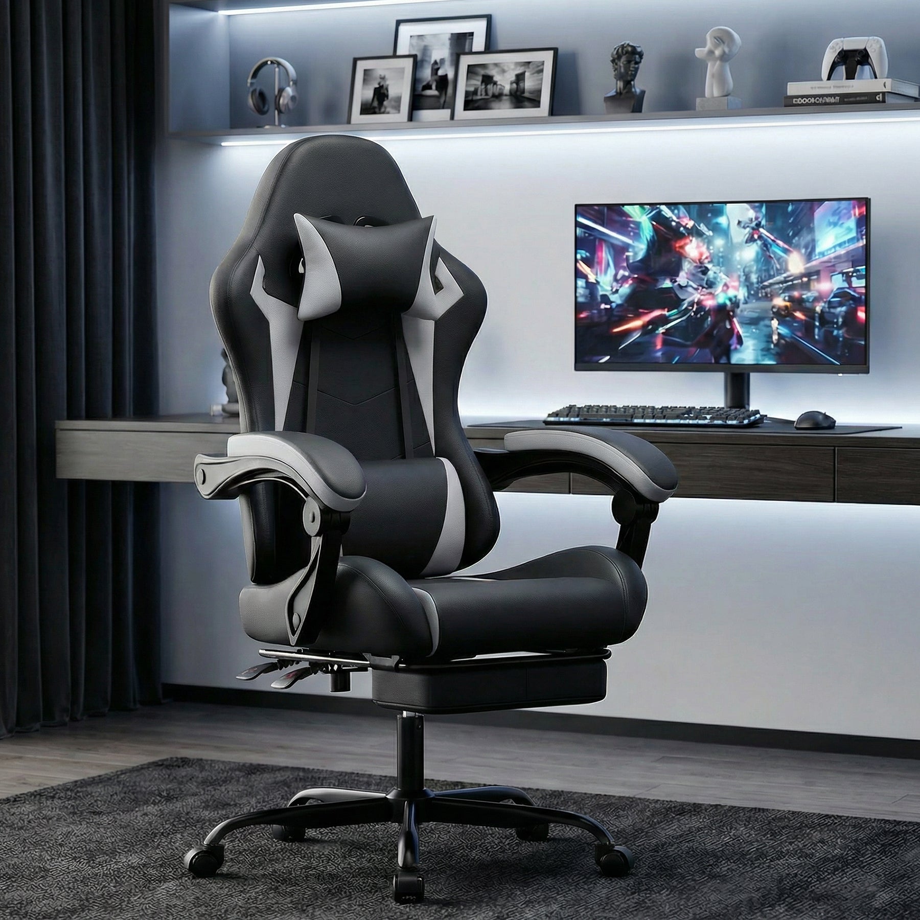 Fotel gamingowy ergonomiczny z zagłówkiem i podparciem lędźwiowym, fotel pc czarno biały regulowany, do biura i grania