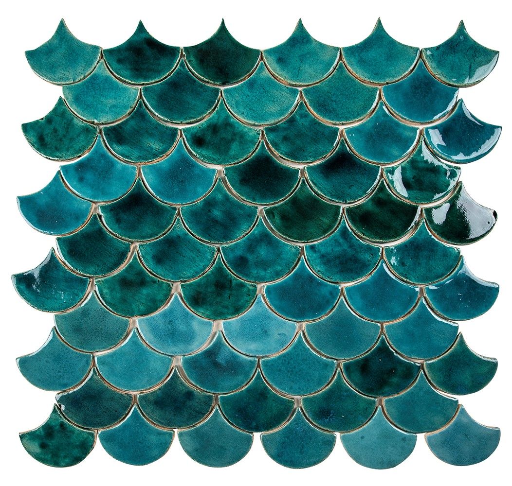 Płytki w kształcie rybiej łuski w kolorze turkusowym i granatowym – "Rough Sea" – 0,3 m²/opak., 49 płytek 10,2×9 cm – łazienka, kuchnia, sal