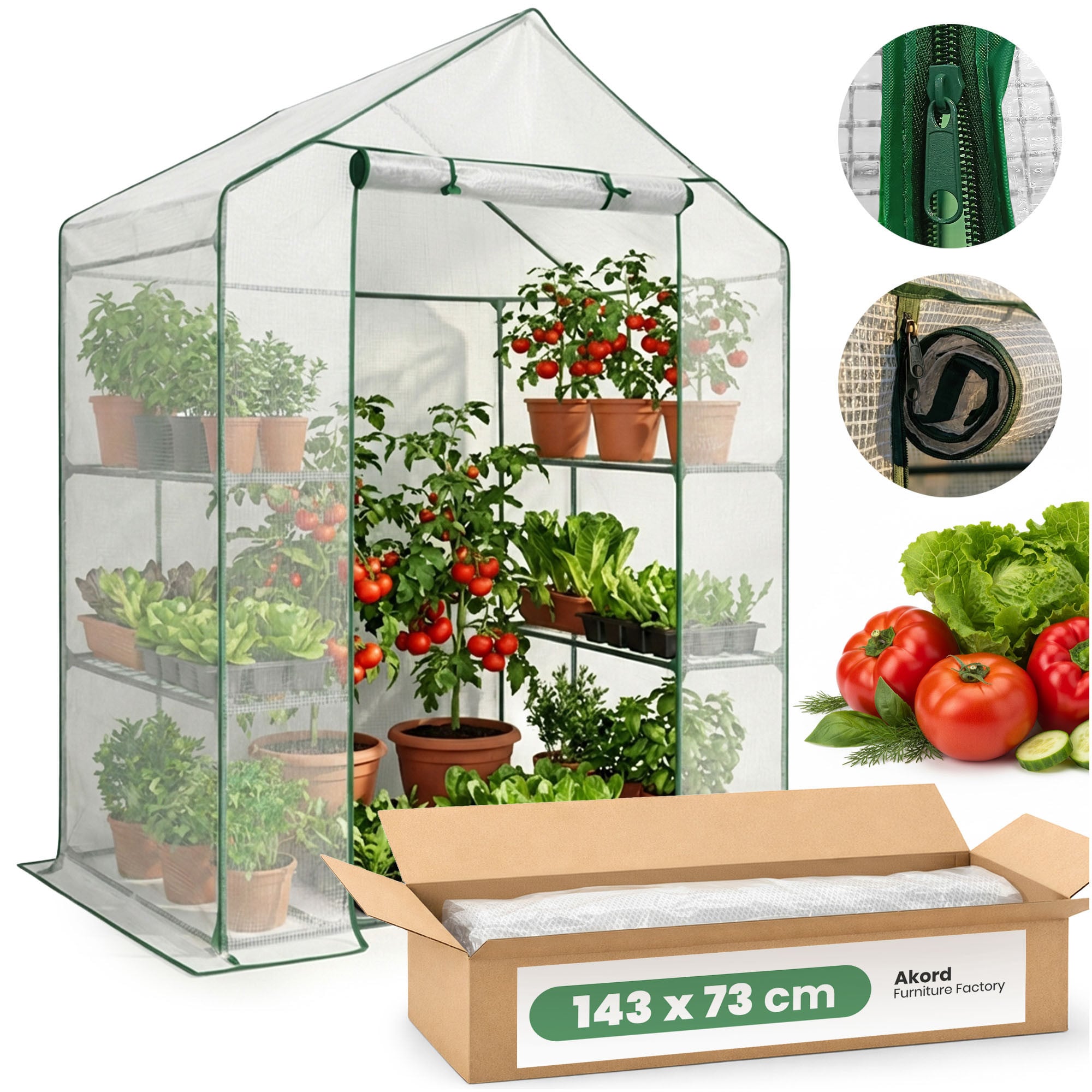 Mini szklarnia ogrodowa foliowa domek z półkami AKORD 1 drzwi Biała 143x73x195 cm