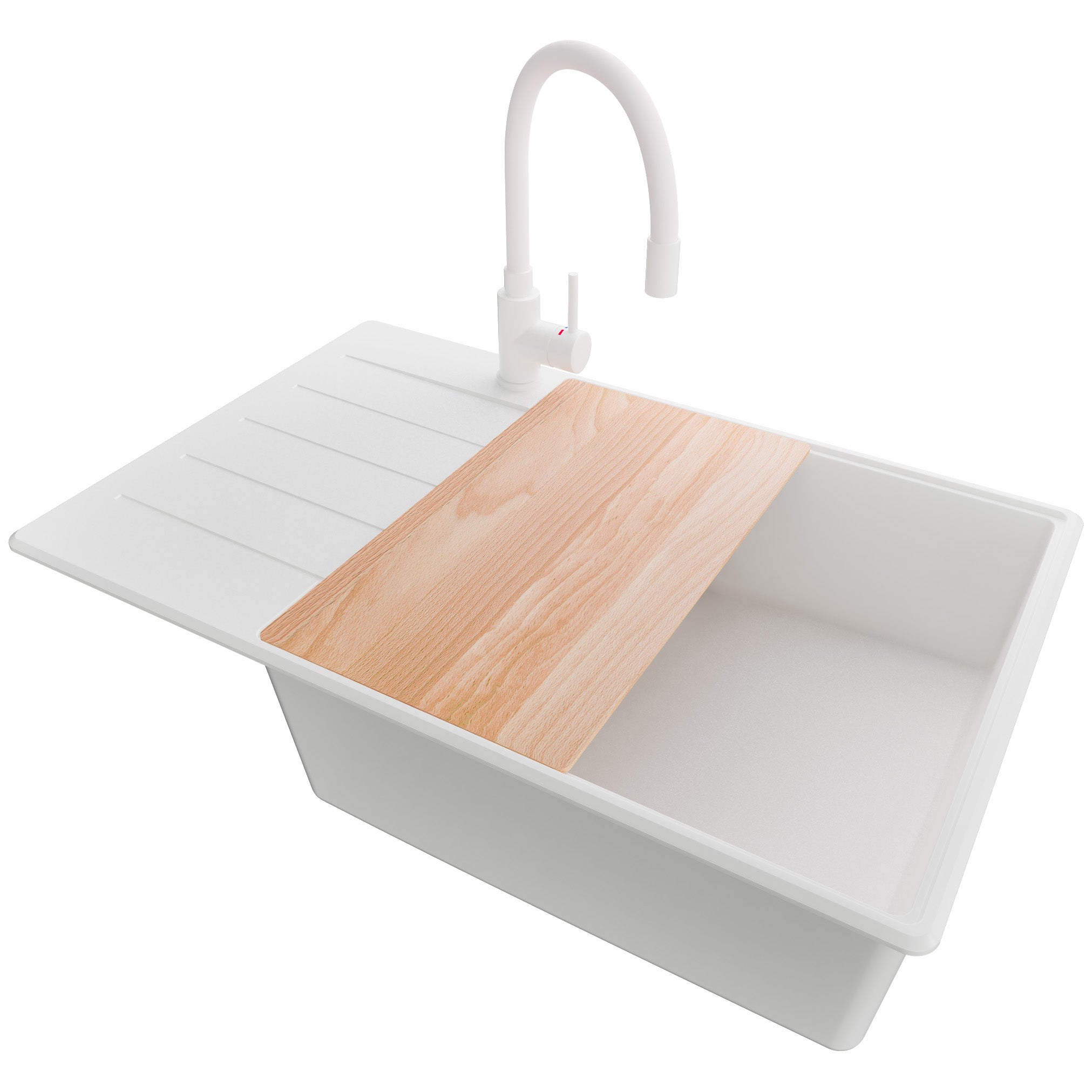 Zlewozmywak Granitowy Biały 78x50cm, Zlew Kuchenny 1 Komorowy + Bateria 38x14cm + Syfon + Deska, Nablatowy do szafki od 60cm - Kopenhaga PRIMAGRAN