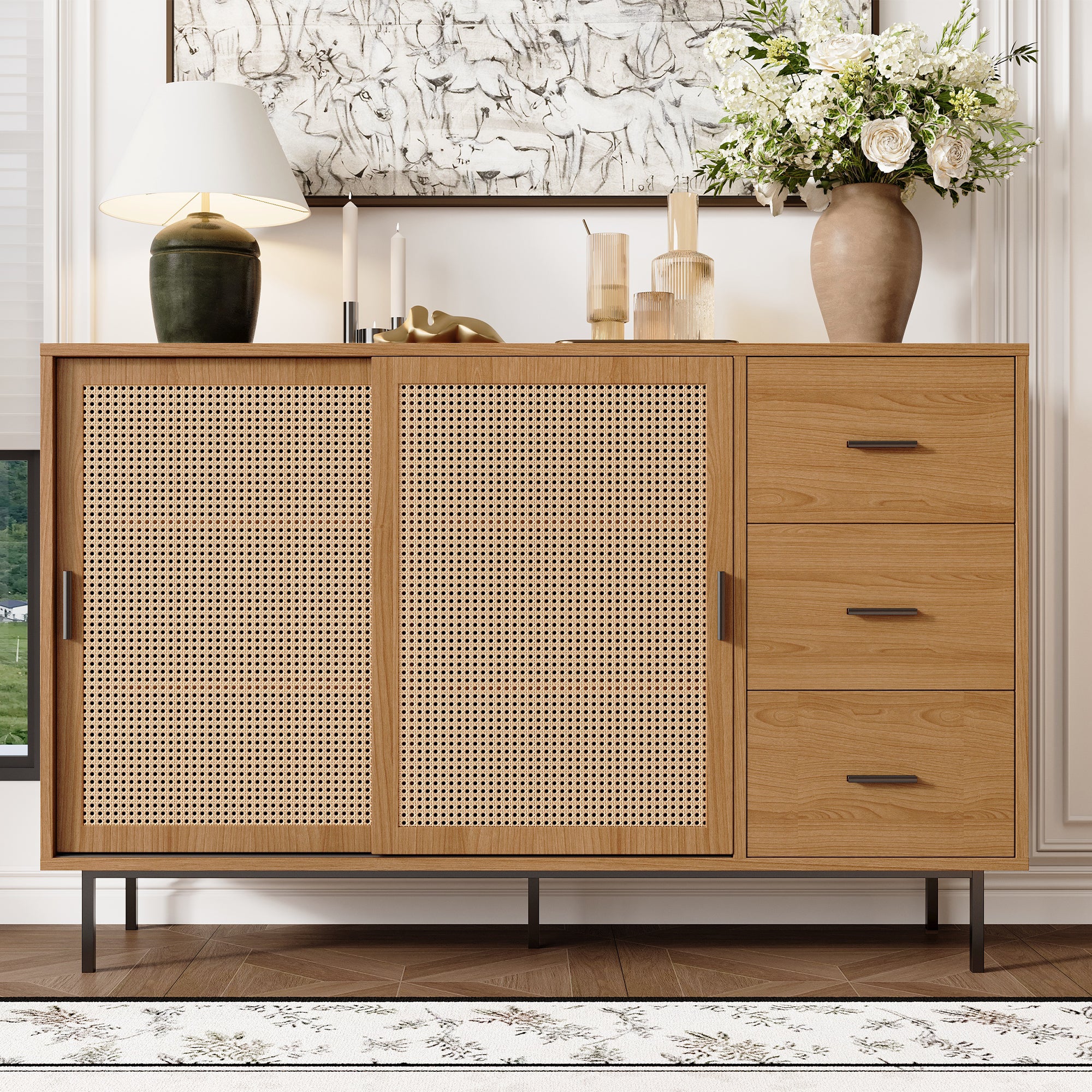 Komoda w stylu rustykalnym 140x37x91 cm - z 2 drzwiami przesuwnymi i 3 szufladami - nogi metalowe - płyta wiórowa - naturalna